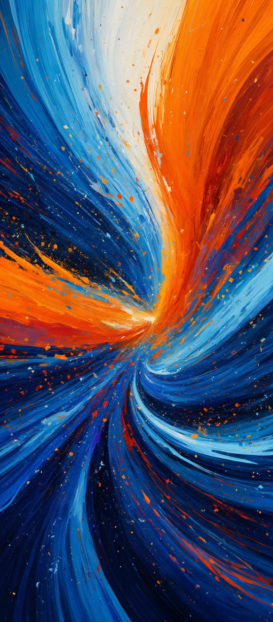 The image showcases a vibrant and dynamic swirl of colors. The dominant colors are shades of blue, orange, and white. The swirls are fluid and appear to be in motion, giving the impression of a whirlpool or a vortex. The blue swirls seem to be moving from the top left to the bottom right, while the orange swirls move in the opposite direction. The white areas, possibly representing light or a celestial body, are scattered throughout the image, adding depth and contrast.