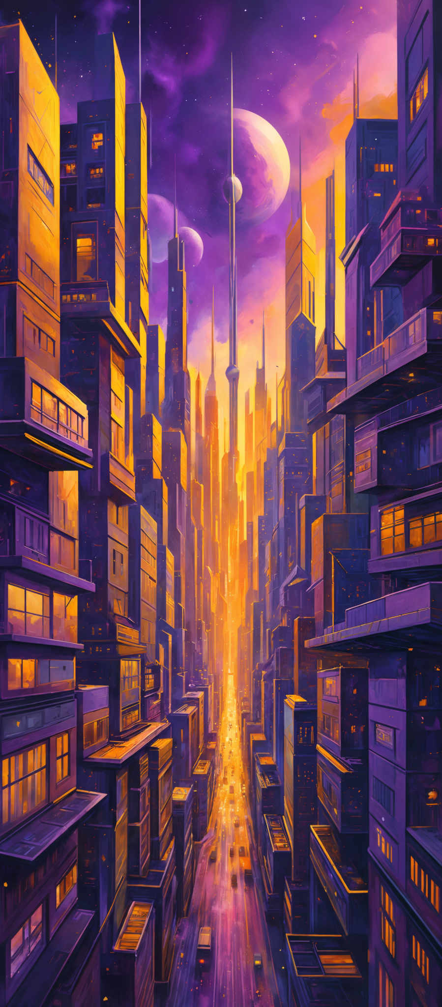 The image showcases a futuristic cityscape during sunset or sunrise. The sky is painted in hues of purple, pink, and orange, with a few stars visible. The city itself is a dense collection of skyscrapers, each varying in height and design. The buildings are illuminated with warm yellow and orange lights, contrasting with the cooler tones of the sky. The streets below are bustling with activity, with cars moving at a fast pace, creating a sense of motion. The overall ambiance of the image is both serene and dynamic, capturing the essence of a city that never sleeps.