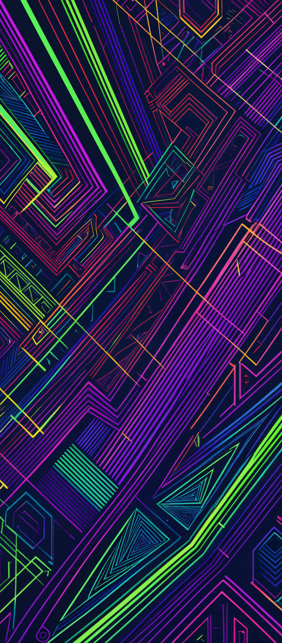 The image showcases a vibrant and intricate digital artwork. It features a complex maze of neon-colored lines and shapes, predominantly in shades of purple, blue, green, and yellow. The lines are interwoven in a manner that creates a labyrinthine pattern, with various geometric shapes such as triangles, rectangles, and squares. The overall effect is both mesmerizing and chaotic, giving a sense of depth and complexity.