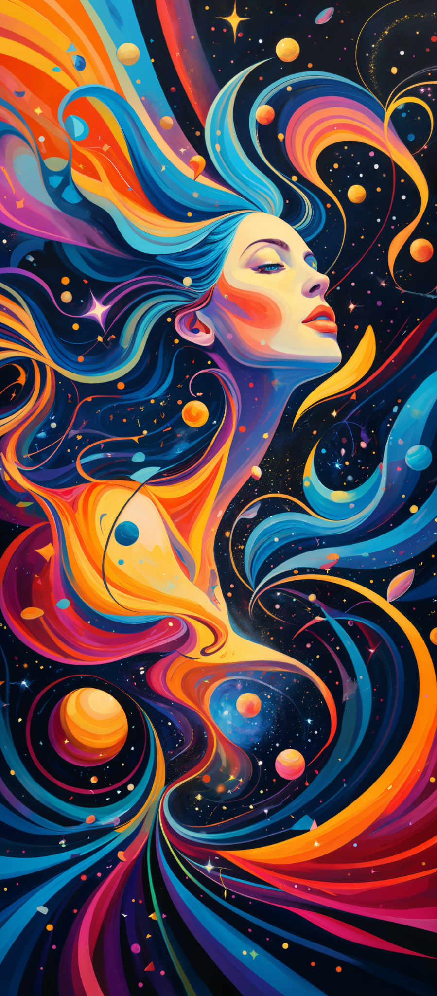 The image showcases a vibrant and colorful depiction of a woman's face and flowing hair intertwined with swirling patterns of vivid hues. The dominant colors include shades of blue, orange, pink, and purple. The woman' s face is serene, with her eyes closed and lips slightly parted. Her hair flows seamlessly into the cosmic background, intertwining with swirls of galaxies, stars, and other celestial elements. The overall composition gives a sense of harmony between the universe and human spirit.