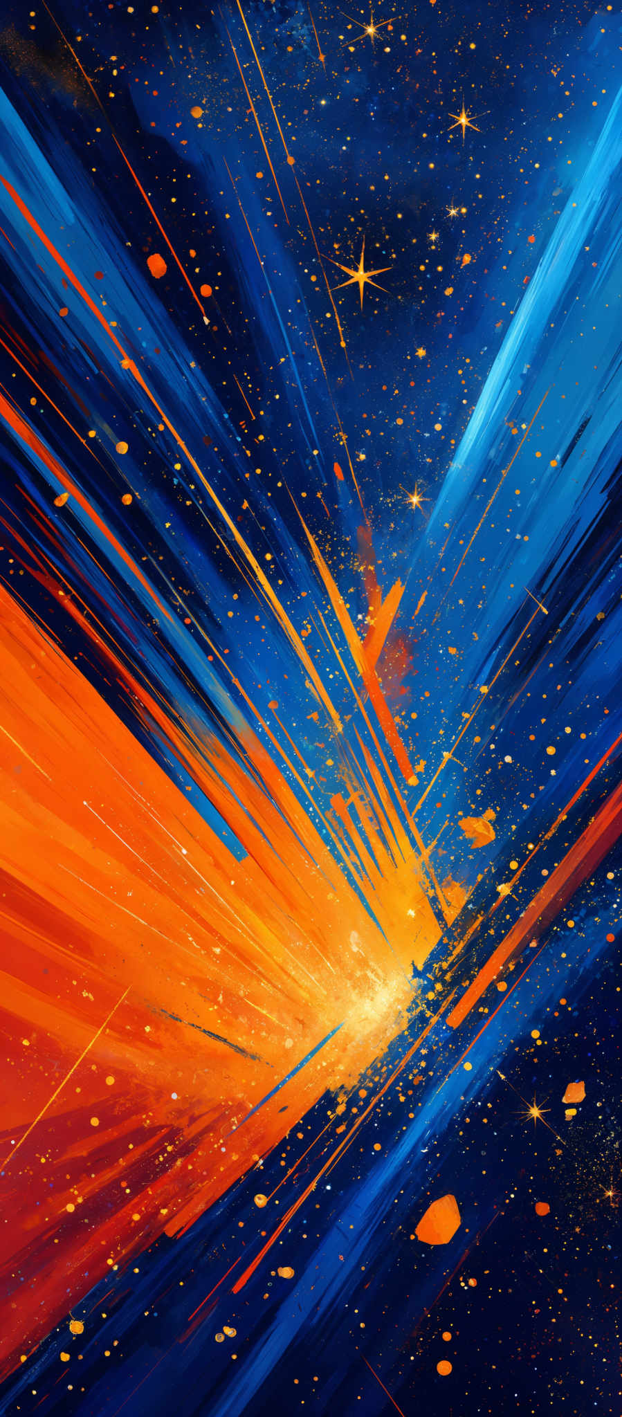 The image showcases a vibrant and dynamic cosmic scene. It predominantly features a deep blue background, interspersed with radiant streaks of orange and yellow. These streaks appear to be shooting outwards, resembling the trajectory of celestial objects or energy beams. The background is dotted with numerous white stars, and there are also golden-yellow circular objects scattered throughout, possibly representing distant galaxies or planets. The overall composition gives a sense of motion and vastness, reminiscent of a galaxy or a nebula.