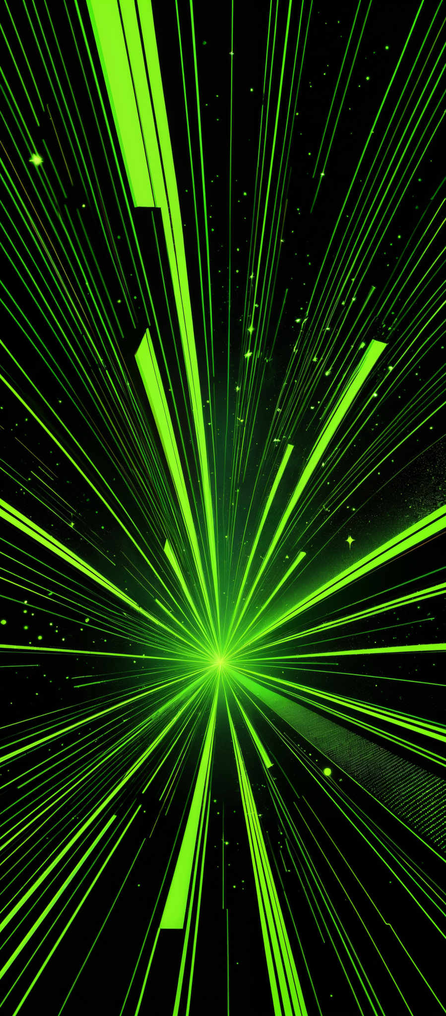 The image showcases a vibrant and dynamic scene with a central burst of bright green light radiating outward. This radiant light is surrounded by numerous streaks of green lines, creating an effect of speed or motion. The background is dark, with specks of light, possibly representing stars or distant objects, adding depth and dimension to the scene. The overall impression is one of energy, movement, and perhaps a journey through space or time.