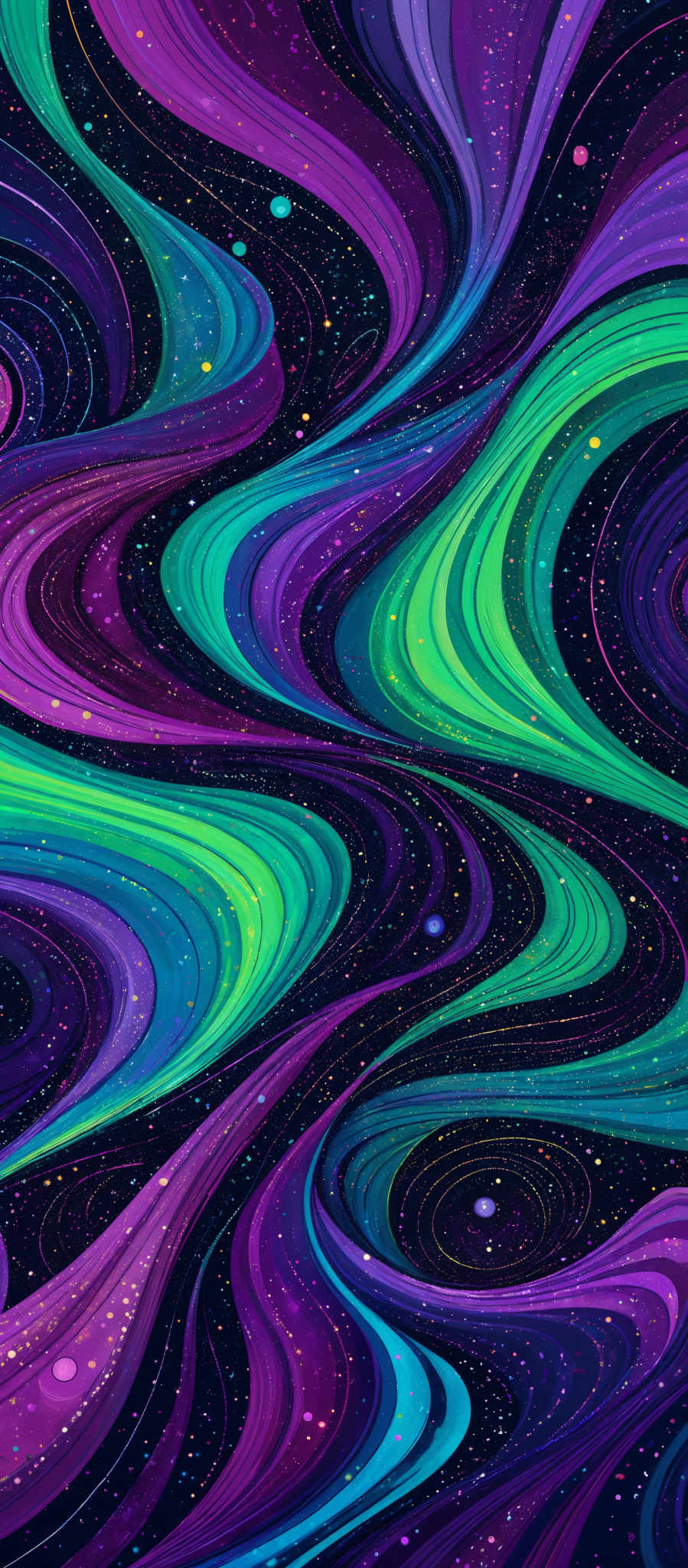 The image showcases a vibrant and intricate pattern of swirling lines and shapes. The dominant colors are shades of purple, green, and blue, with hints of yellow and pink. The swirls are wavy and flowing, reminiscent of waves in the ocean or the movement of celestial bodies in space. The background is dark, possibly representing a night sky or the vastness of space, dotted with small, colorful specks that could be interpreted as distant stars or other celestIAL objects.