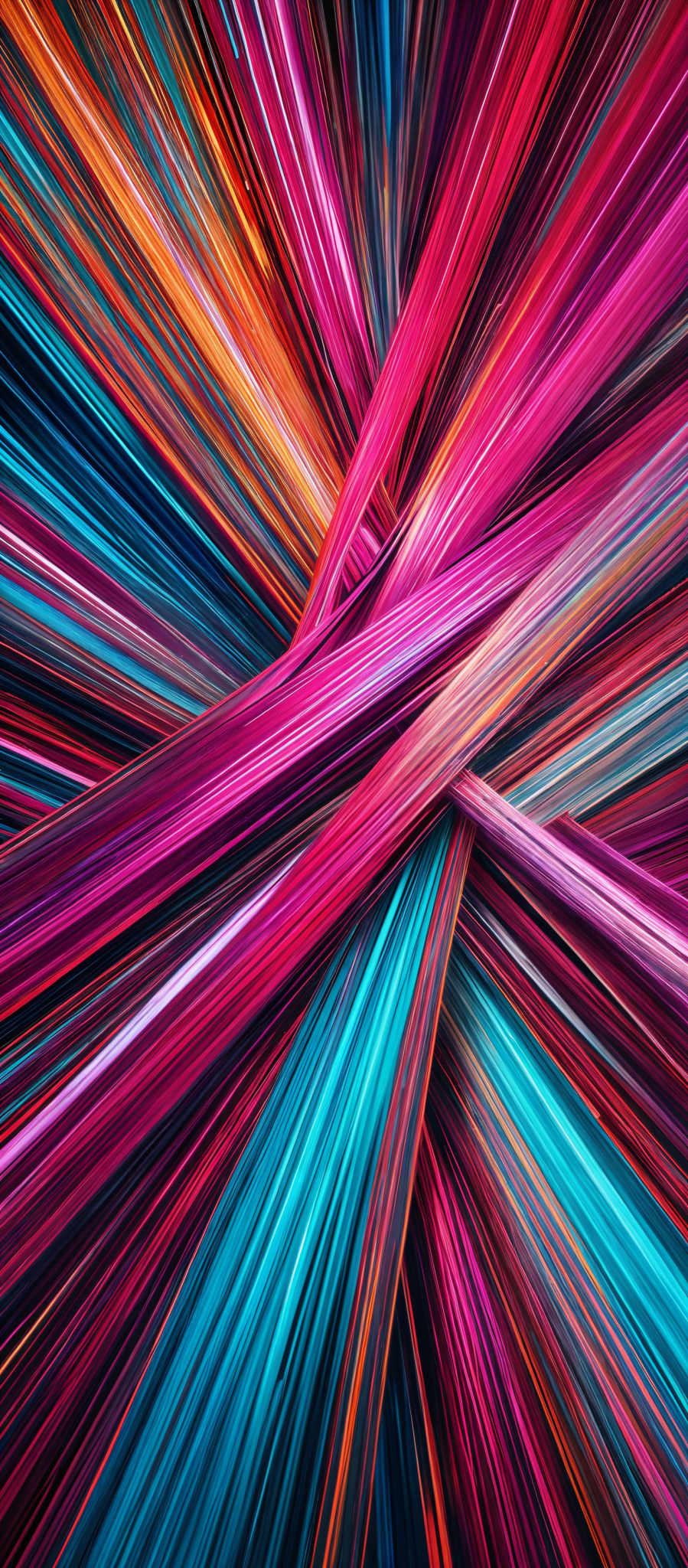 The image showcases a vibrant and dynamic pattern of intertwined lines. These lines radiate outwards from a central point, converging at several points. The colors are a mix of deep blues, bright oranges, and fiery reds, creating a visually striking contrast. The shape is reminiscent of a burst or explosion, with the lines emanating in all directions, giving a sense of movement and energy.