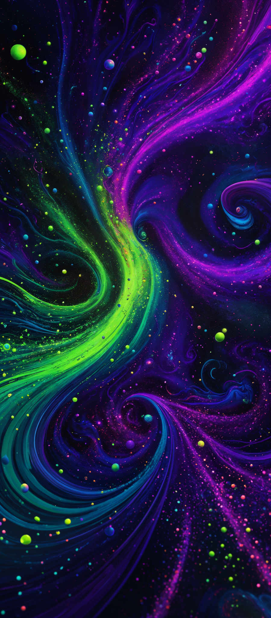 The image showcases a vibrant and mesmerizing cosmic scene. It features swirling patterns of vivid colors, predominantly shades of purple, green, and blue. These swirls resemble galaxies or nebulae, with bright dots that could represent stars. The overall composition gives a sense of depth and movement, as if one is looking into a vast expanse of space.