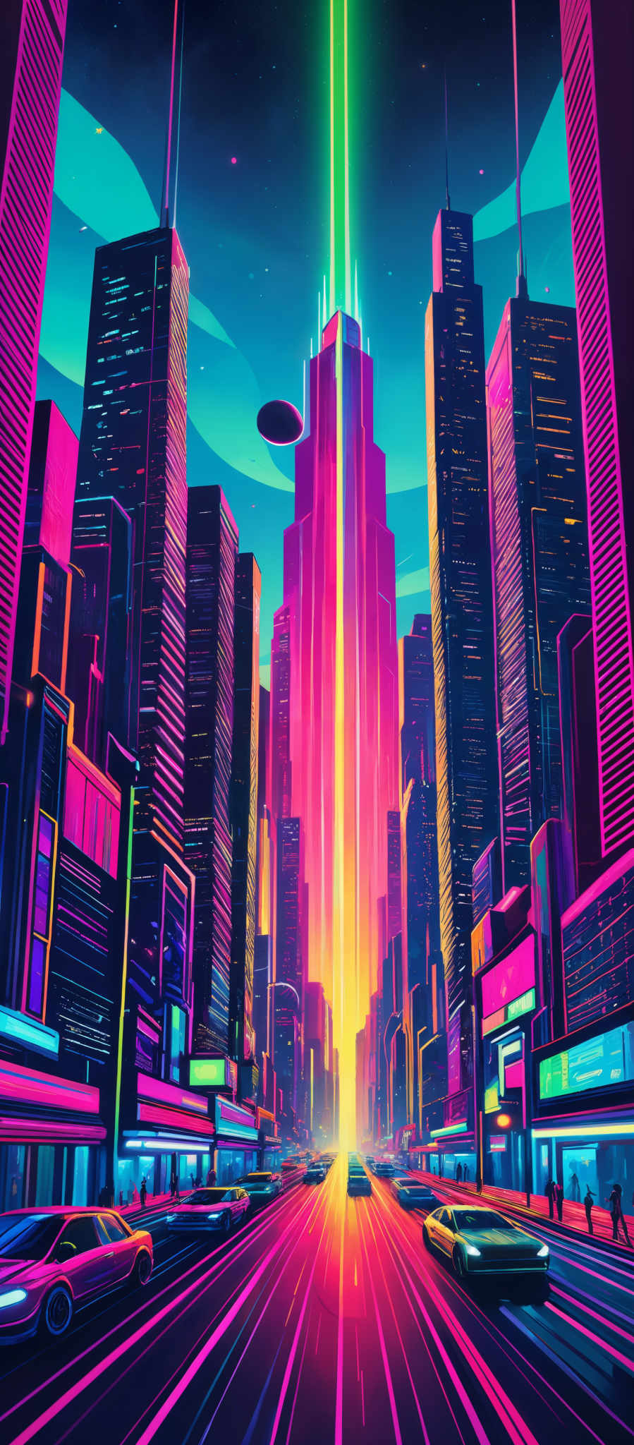 The image showcases a vibrant cityscape during what appears to be dusk or dawn. The dominant colors are shades of pink, purple, and blue. The city is adorned with tall skyscrapers, some of which have neon signs. The central building emits a bright, vertical beam of light that contrasts with the surrounding darkness. The streets are bustling with cars, and there are pedestrians walking on the sidewalks. The overall ambiance of the image is futuristic and cyberpunk, with a blend of modern architecture and neon lights.