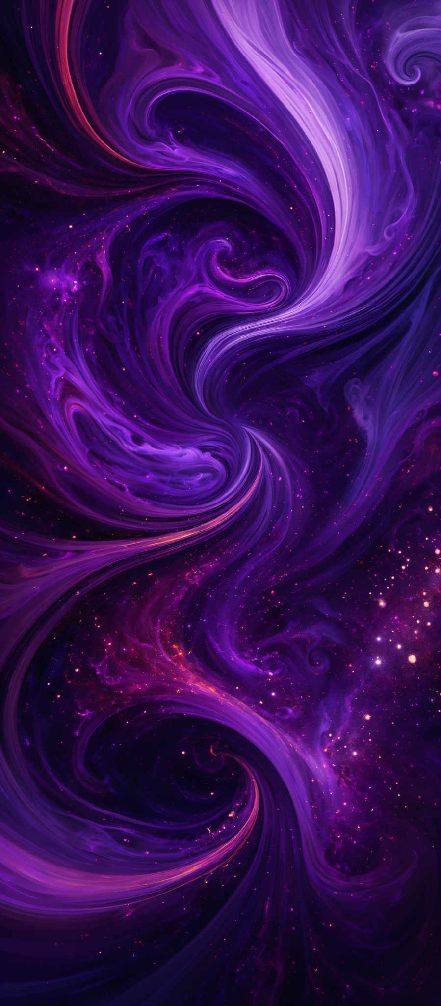 The image showcases a vibrant and mesmerizing swirl of colors, predominantly shades of purple, blue, and a hint of pink. The swirls are intricate and fluid, resembling the flow of water or the movement of celestial bodies. The background is speckled with tiny, glowing dots, possibly representing distant stars or galaxies, adding depth and dimension to the overall composition.