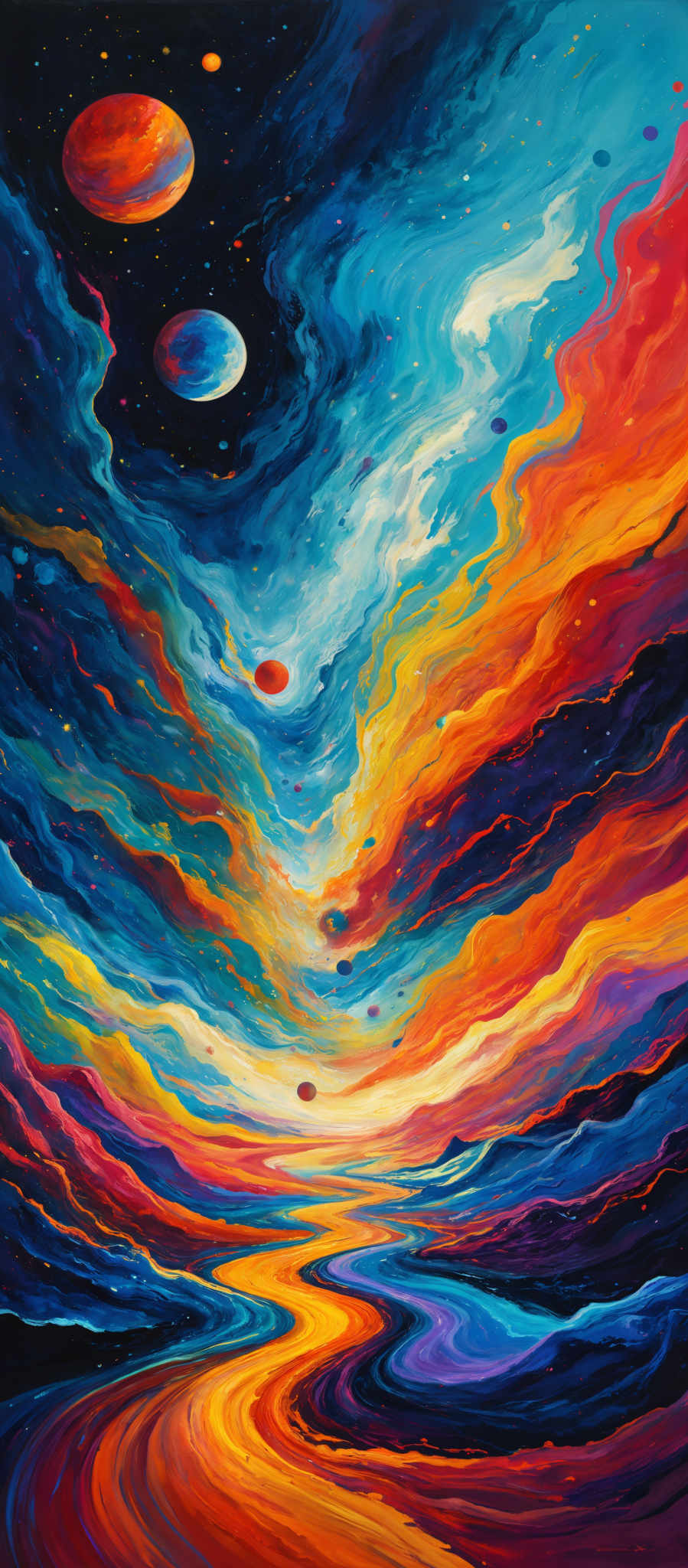 The image showcases a vibrant and colorful depiction of a cosmic landscape. Dominating the scene are swirling patterns of blues, reds, oranges, and purples, reminiscent of a galaxy or nebula. There are multiple celestial bodies, including planets and moons, scattered throughout the space. The foreground features a winding river or pathway that reflects the colors of the sky, leading the viewer's eye towards the horizon. The overall impression is one of awe and wonder, capturing the vastness and beauty of the universe.