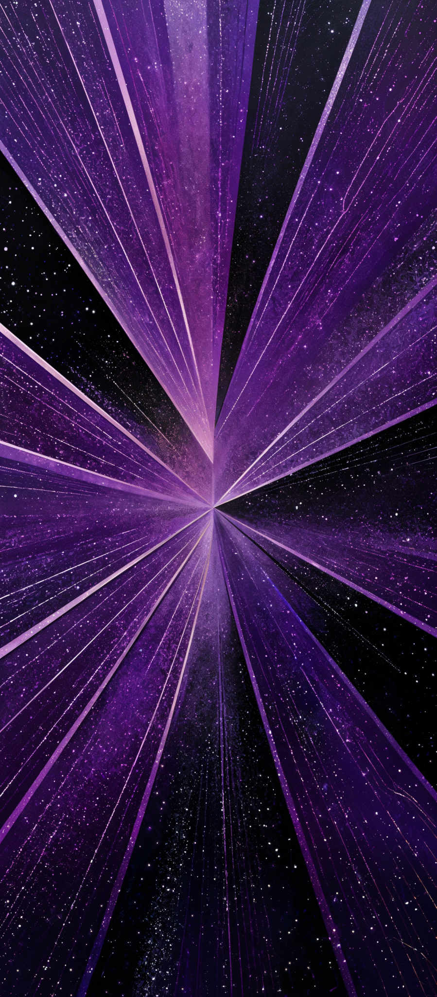 The image showcases a radiant burst of colors primarily in shades of purple and blue. The central focus is a converging line of light that emanates from the center and extends outwards in multiple beams. These beams radiate outwards, creating an effect similar to a starburst or a cosmic explosion. The background is filled with a deep space-like setting, dotted with numerous tiny white specks that resemble distant stars or galaxies.