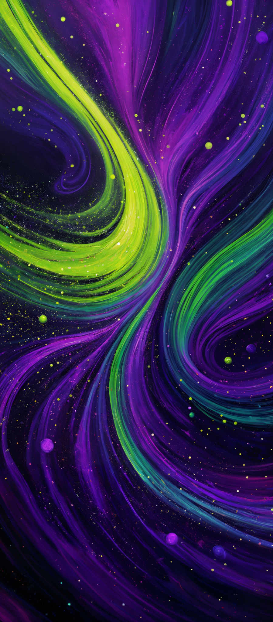 The image showcases a vibrant and mesmerizing swirl of colors. The dominant colors are shades of purple, green, and yellow. The swirls are fluid and wavy, resembling the flow of a river or the movement of celestial bodies in space. The background is dark, possibly representing a night sky or the vastness of space, and is speckled with small, luminous dots, possibly depicting distant stars or galaxies.