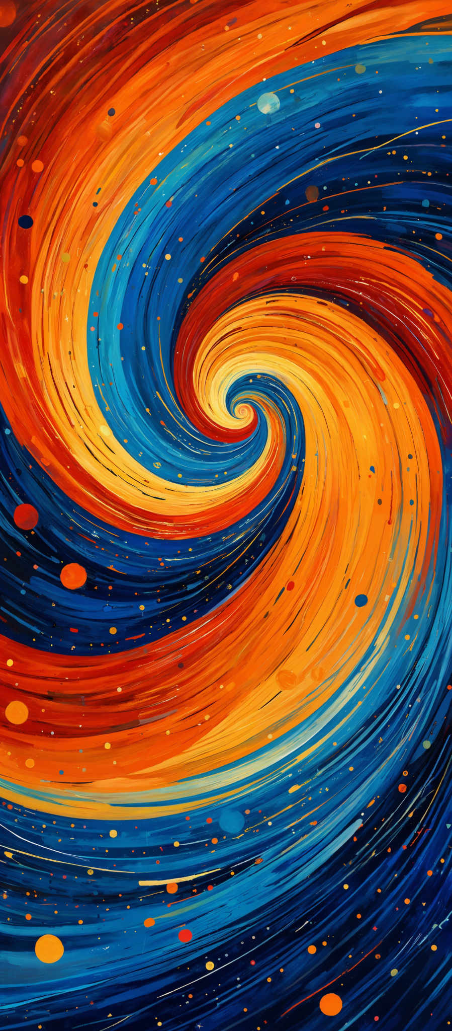 The image showcases a vibrant and swirling pattern of colors. The dominant colors are shades of blue, orange, and red. The swirls are reminiscent of a galaxy or a whirlpool, with the colors flowing seamlessly from one section to another. The pattern is dynamic, with each swirl having its own unique shape and movement. The background is speckled with small, round dots, possibly representing stars or other celestial bodies.