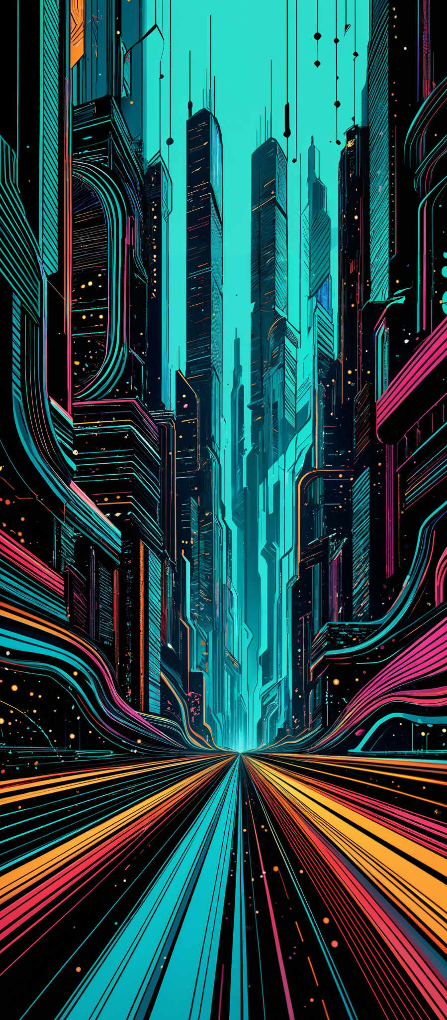 The image showcases a vibrant and futuristic cityscape. The dominant colors are shades of blue, pink, and orange, creating a neon-like glow. The buildings are tall and sleek, with intricate designs and patterns. The perspective is from a lower vantage point looking upwards, emphasizing the towering skyscrapers. The streets are adorned with colorful lines and patterns, giving an impression of fast-moving vehicles or digital streams. The overall ambiance is one of a bustling, technologically advanced metropolis.