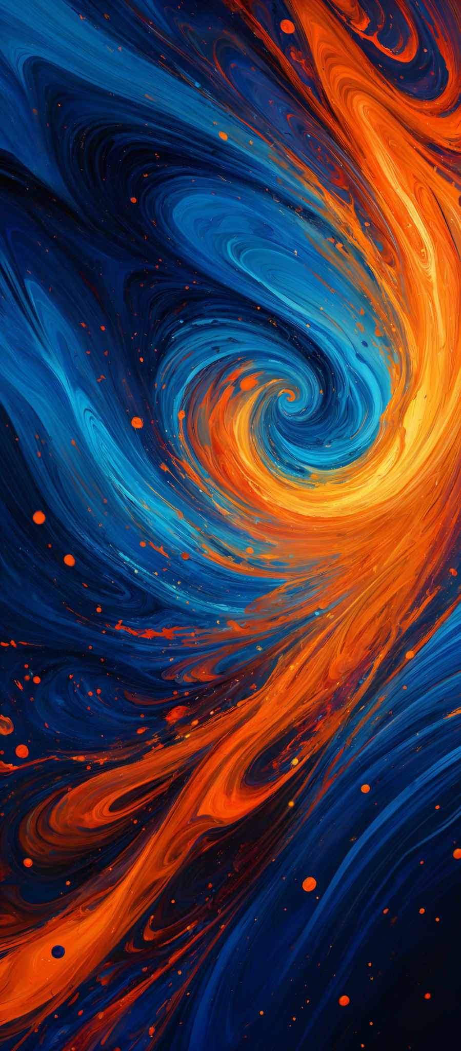 The image showcases a vibrant and dynamic swirl of colors. The dominant colors are deep blue and fiery orange, with hints of white and black. The swirling pattern resembles a mix of fluid dynamics and celestial phenomena, with the blue representing the vastness of space and the orange symbolizing a fiery star or galaxy. The intricate patterns and swirls give a sense of movement and energy, as if the colors are flowing and intertwining with each other.