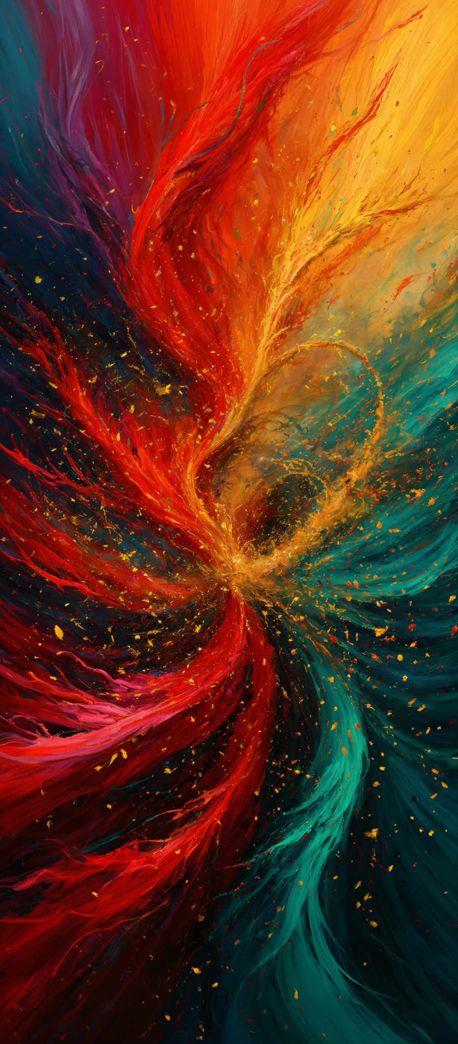 The image showcases a vibrant and dynamic swirl of colors. The predominant colors include deep blues, fiery reds, and golden yellows. The swirls are fluid and appear to be in motion, creating a sense of energy and movement. The image also has specks of gold scattered throughout, adding to the overall luminosity and depth.