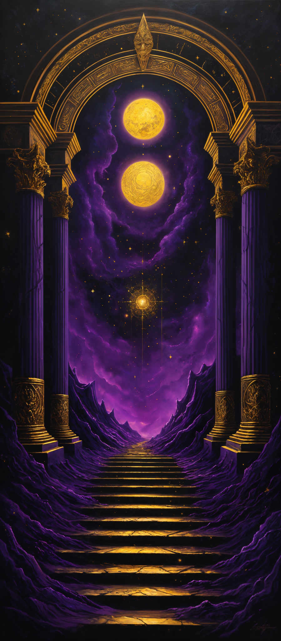 The image predominantly features deep purples and golds. The archway is ornate, with intricate carvings and a triangular emblem at the top. Two large, glowing orbs are suspended in the center of the arch, emitting a radiant yellow light. Flanking the arch are two grand pillars, also adorned with intricately designed carvures. The stairs leading up to the archway are made of a golden material, with each step illuminated by a soft glow. The background showcases a cosmic scene with swirling purple clouds and a starry night sky.