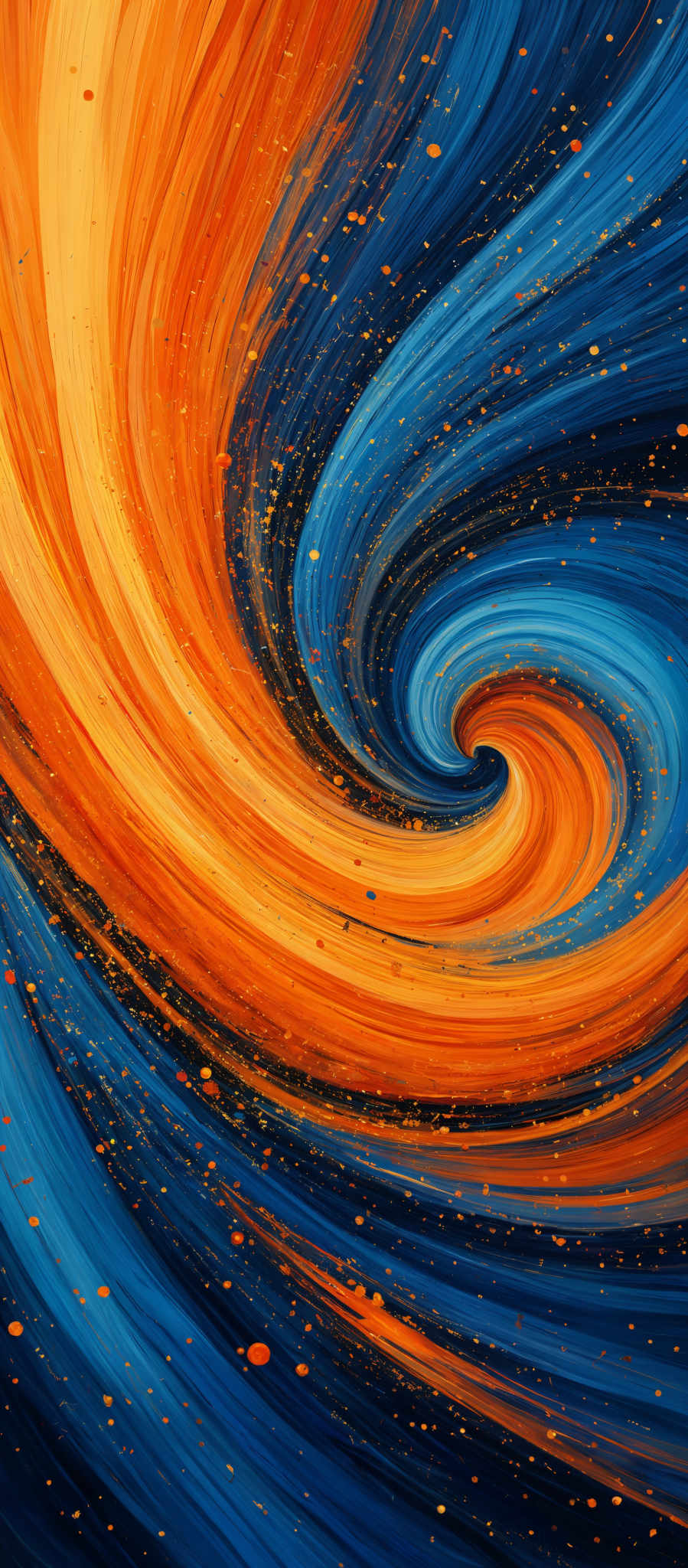 The image showcases a vibrant and dynamic swirl of colors. The dominant colors are shades of blue and orange, with the blue representing the cooler, serene part of the image and the orange representing the warm, energetic part. The swirl is reminiscent of a galaxy or a whirlpool, with a central vortex drawing everything inwards. The image also contains specks of gold or yellow, possibly representing stars or distant galaxies, scattered throughout the swirl.