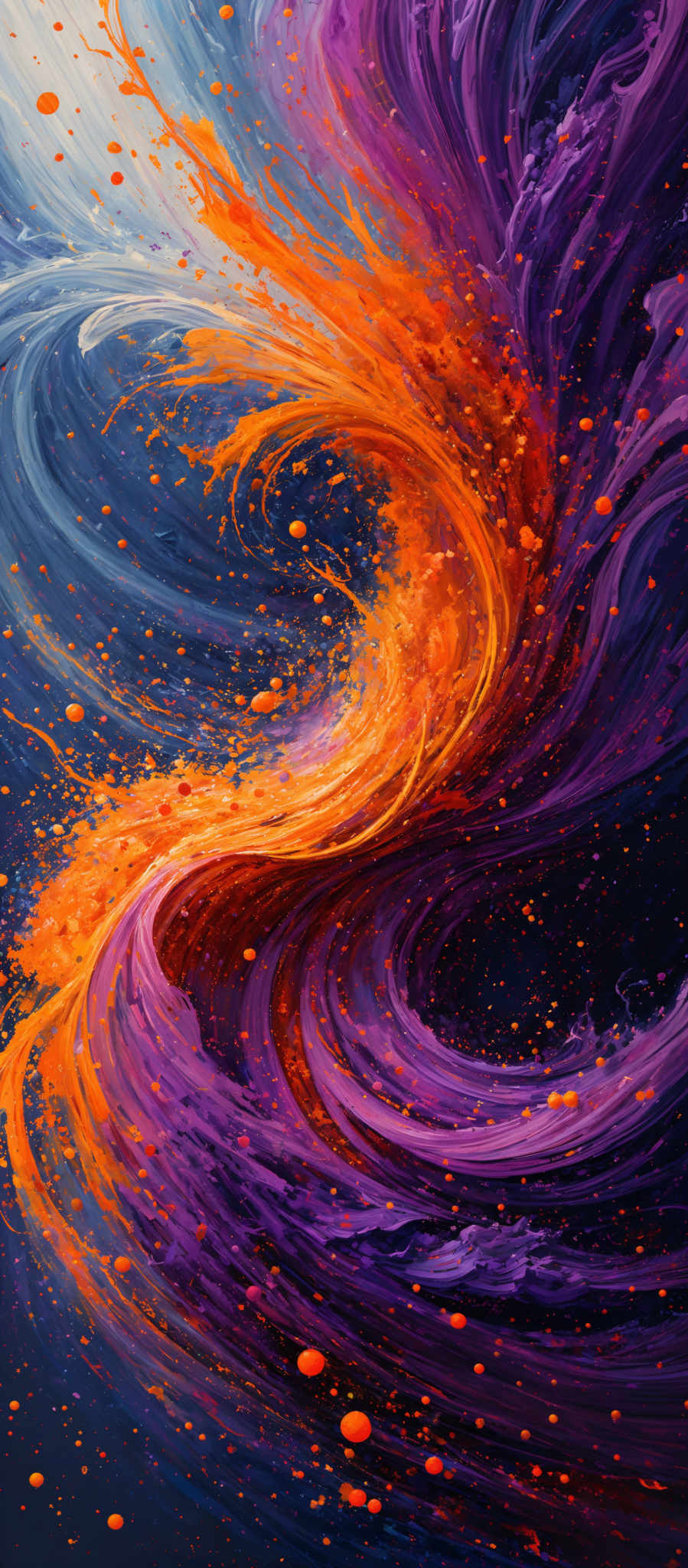 The image showcases a vibrant and dynamic mix of colors. The predominant colors are shades of blue, purple, and orange. The blue and purple swirls give an impression of a fluid, possibly representing water or a galaxy, while the orange splatters and streaks give a fiery, energetic feel, reminiscent of a sunset or a cosmic event. The overall composition is a harmonious blend of cool and warm tones, creating a visually captivating and mesmerizing effect.