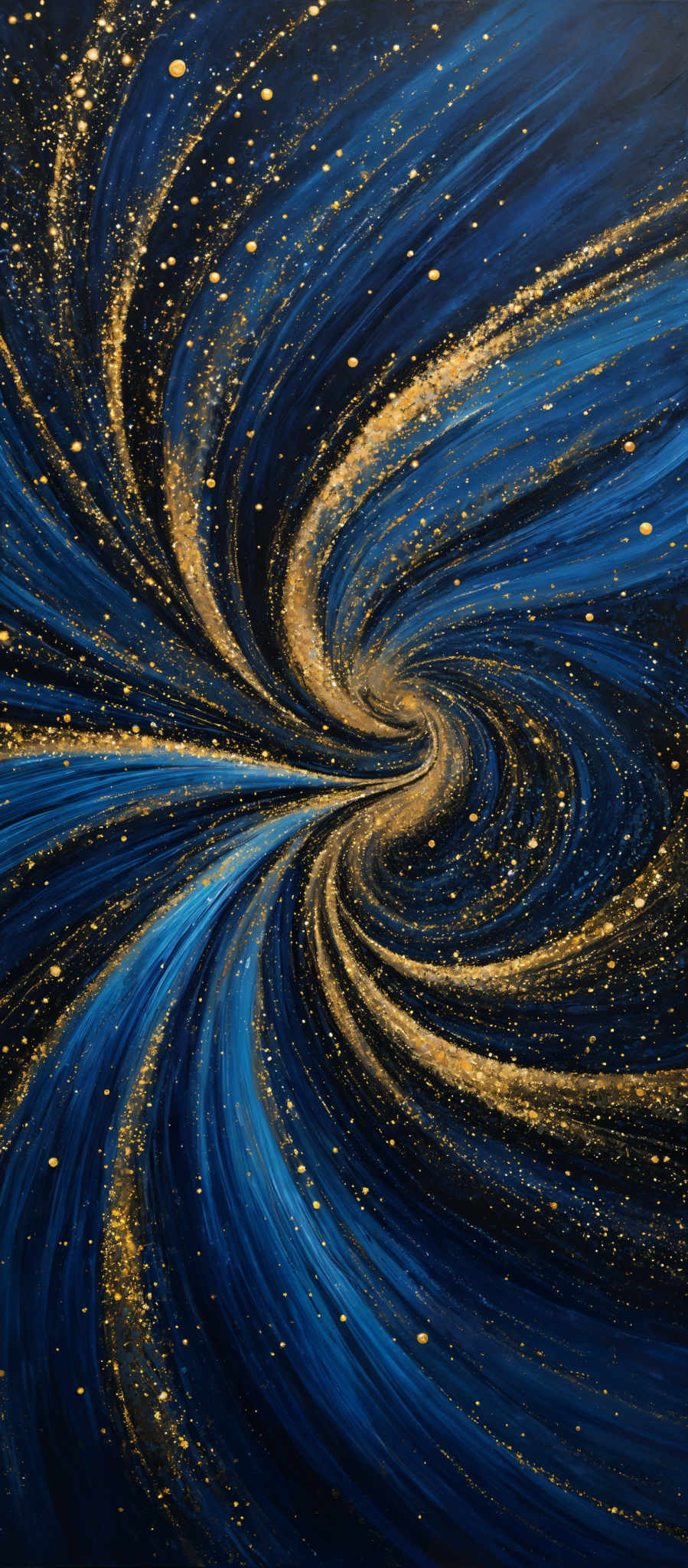 The image showcases a mesmerizing swirl of colors, predominantly deep blues and golden yellows. The swirls are intricate, resembling the flow of a galaxy or a whirlpool, with the golden specks scattered throughout, giving the impression of stars or cosmic dust. The overall effect is both captivating and ethereal, evoking feelings of wonder and the vastness of the universe.