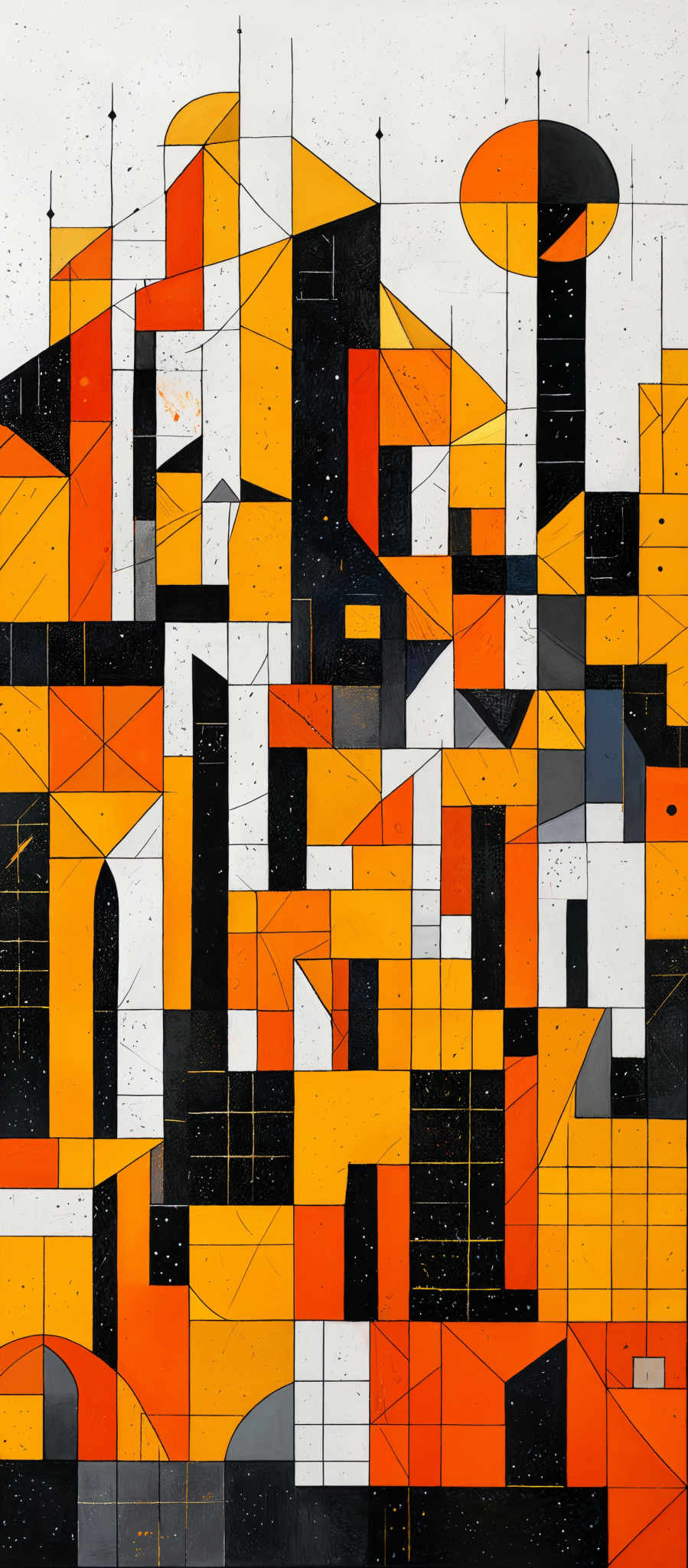 The image showcases an abstract artwork with a combination of geometric shapes and vibrant colors. Dominant colors include shades of orange, black, white, and a touch of yellow. The shapes are predominantly rectangular and angular, interspersed with curves and overlapping sections. The artwork seems to depict a cityscape or a series of buildings, with each shape representing a different structure or element of the city. The background is white, which provides a stark contrast to the darker shades, making the geometric shapes pop out.