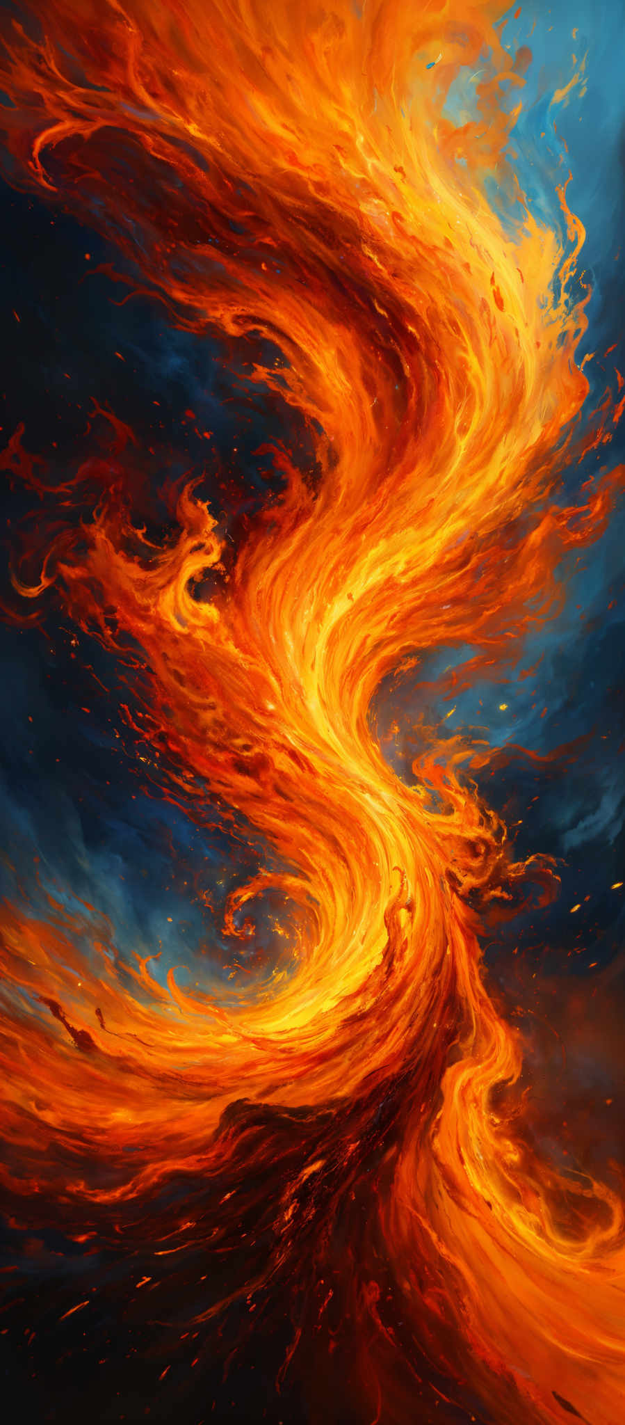 The image showcases a vibrant and dynamic swirl of colors, predominantly fiery oranges and reds intertwined with deep blues and blacks. The swirling pattern gives an impression of a turbulent, molten substance, possibly representing fire or lava. The intricate details and fluidity of the swirls suggest movement and energy, creating a sense of dynamism and intensity.