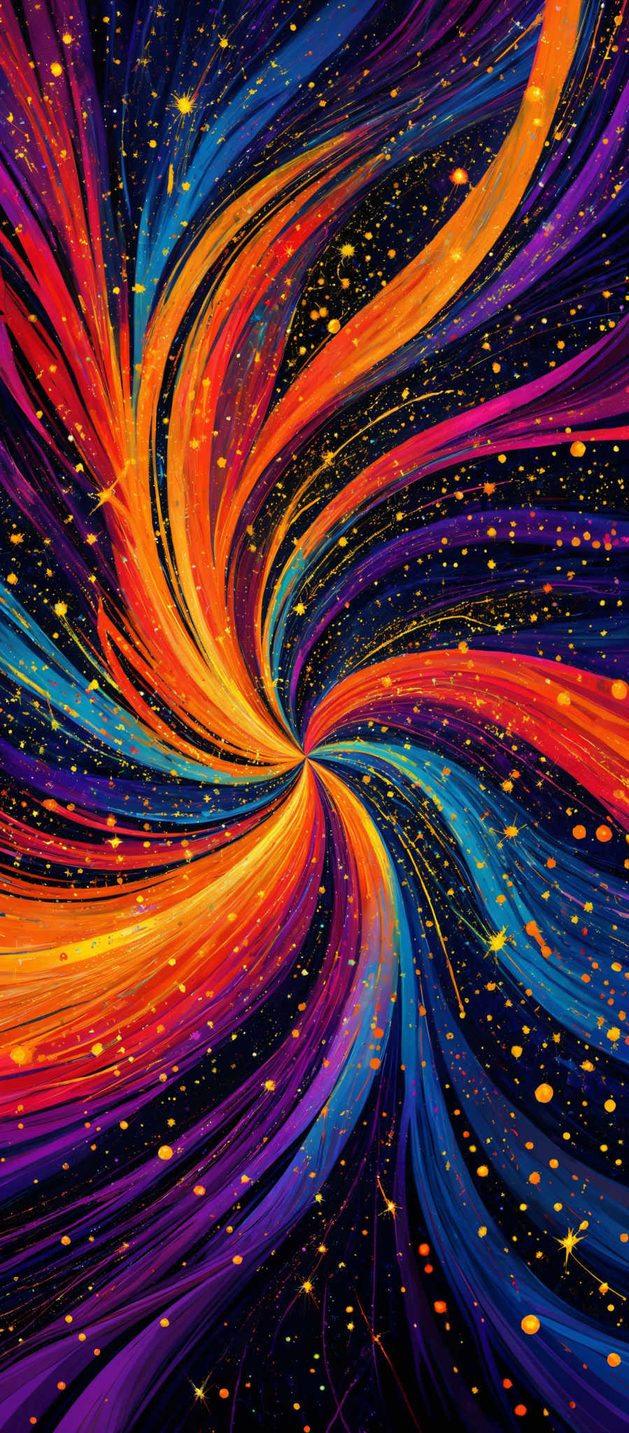 The image showcases a vibrant and dynamic swirl of colors. The predominant colors are shades of blue, orange, and purple, intertwined in a mesmerizing pattern. The swirls appear to be spiraling inwards, creating a vortex-like effect. The background is dark, possibly representing a night sky or space, and is speckled with numerous golden dots, possibly depicting stars or distant galaxies.