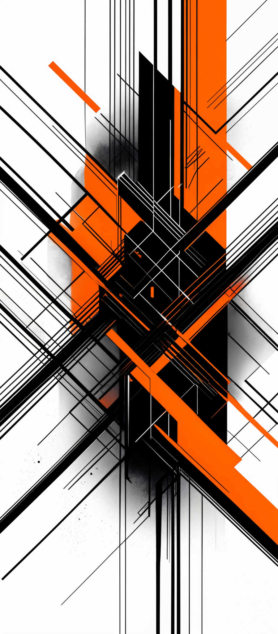 The image showcases a complex geometric design with a predominant use of black, white, and bright orange. The shapes are predominantly rectangular and angular, intersected by a multitude of lines and intersecting planes. The design appears to be a modern abstract art piece, with the bright orange serving as a focal point, contrasting sharply with the monochromatic black and white.