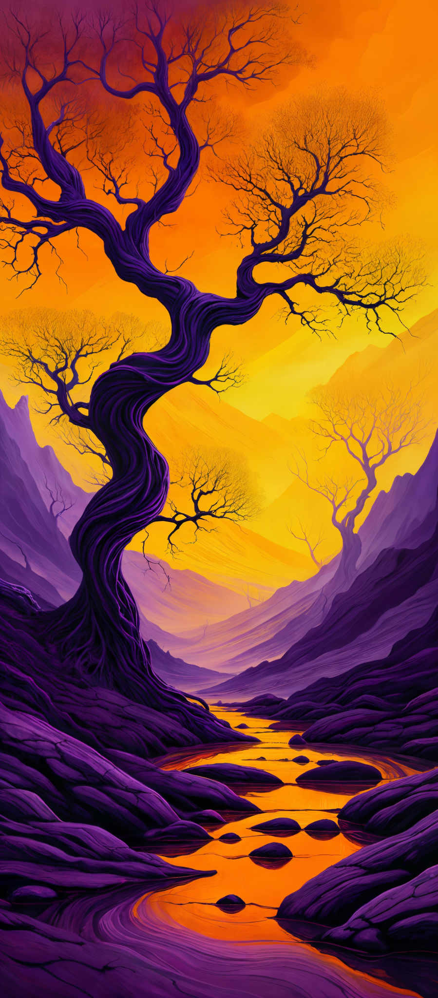 The image showcases a vibrant landscape dominated by hues of purple and orange. The central focus is a twisted, gnarled tree with bare branches, set against a backdrop of a fiery orange sky. The tree's roots are intricately detailed, winding through rocky terrains and leading to a serene body of water that reflects the tree' and the sky's colors. The water's surface is dotted with smooth, rounded stones. In the distance, there are more trees, and the entire scene is bathed in the warm glow of the setting or rising sun.