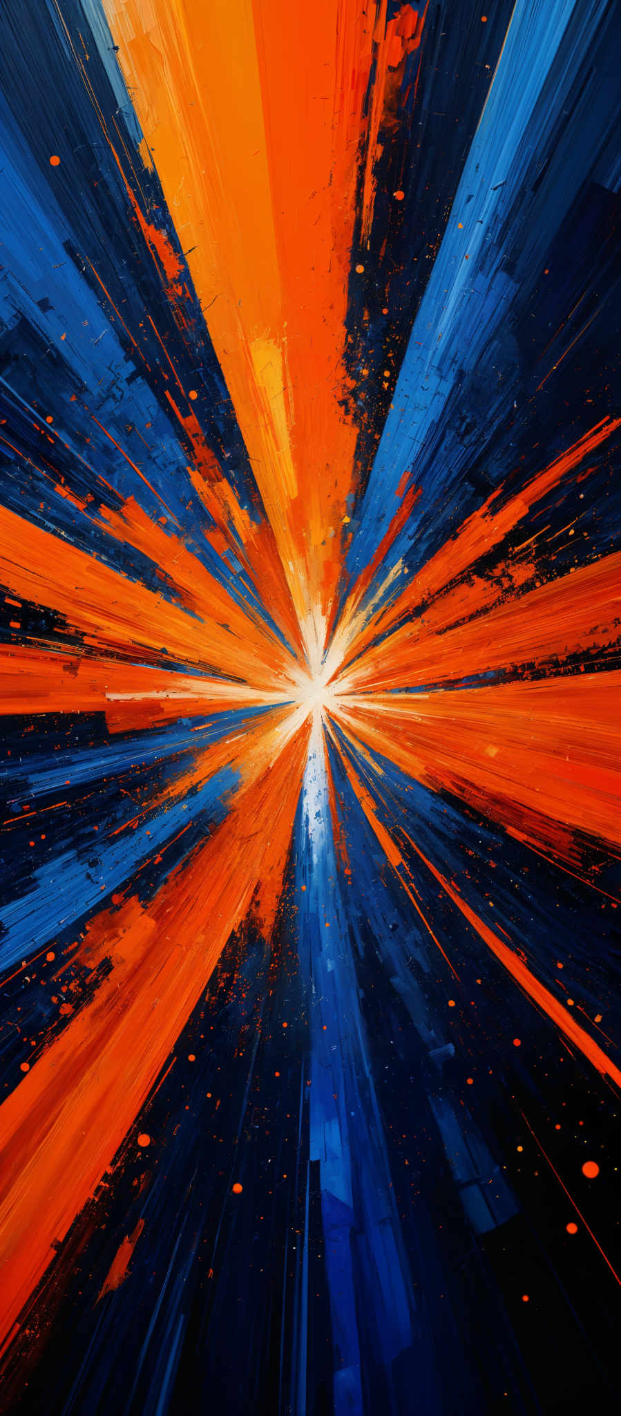 The image showcases a vibrant and dynamic burst of colors. It predominantly features shades of blue, orange, and white. The central focus is a radiant explosion of light, emanating outward in all directions. This central light source is surrounded by streaks of blue and orange, which give the impression of a dynamic movement or energy. The background is dark, which accentuates the brightness of the central light and the colors of the streaks. There are also specks of white scattered throughout, possibly representing stars or distant objects.