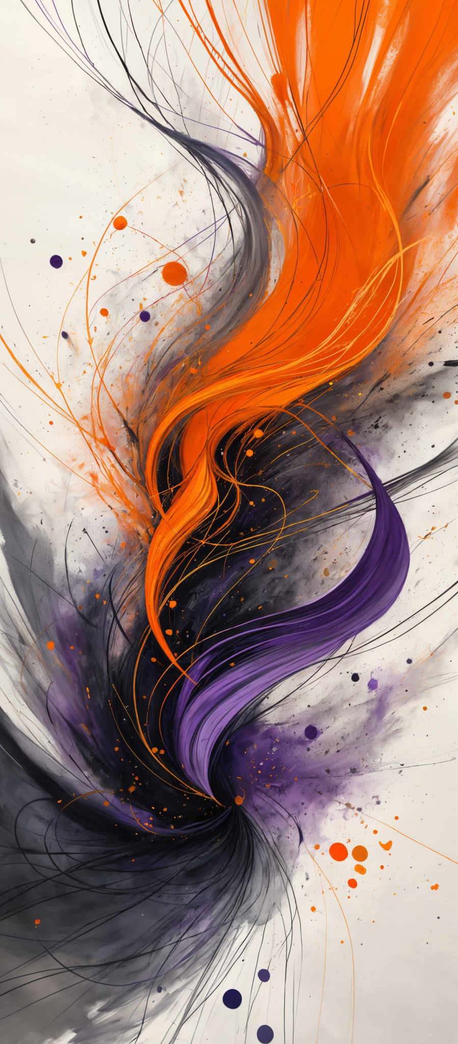 The image showcases a vibrant and dynamic abstract artwork. It predominantly features swirling patterns of orange, black, and purple. The orange seems to be emanating from the center, giving a sense of energy and movement. The black and purples intertwine with the orange, creating a contrast and adding depth to the composition. There are also splatters of color, primarily in purple and orange, scattered throughout the image, adding to the chaotic and dynamic feel.