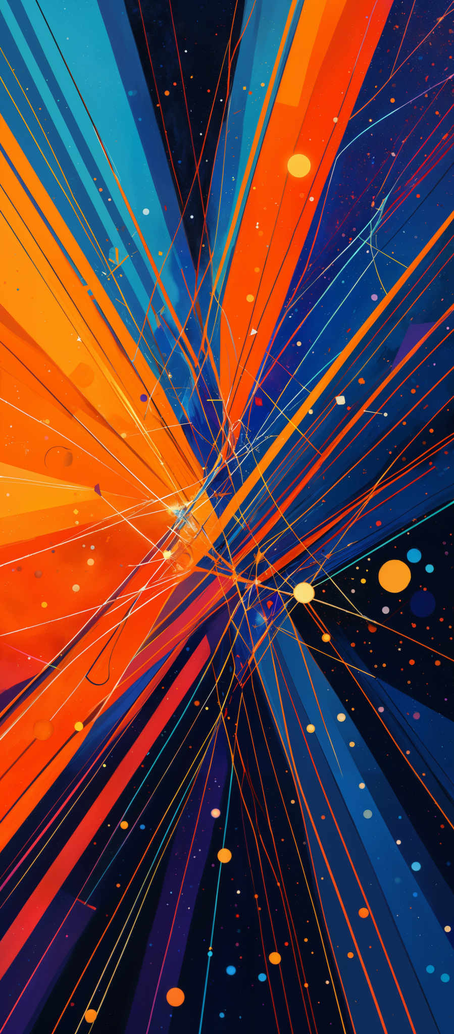 The image showcases a vibrant and dynamic abstract artwork. It predominantly features a myriad of colors, including deep blues, bright oranges, and fiery reds. The central theme is a series of intersecting lines and curves, creating an explosion of colors and patterns. These lines radiate outwards, intertwining and overlapping, creating a sense of movement and energy. The background is dark, which accentuates the bright colors of the central theme. There are also scattered dots and shapes, possibly representing stars or other celestial objects, adding depth and dimension to the overall composition.