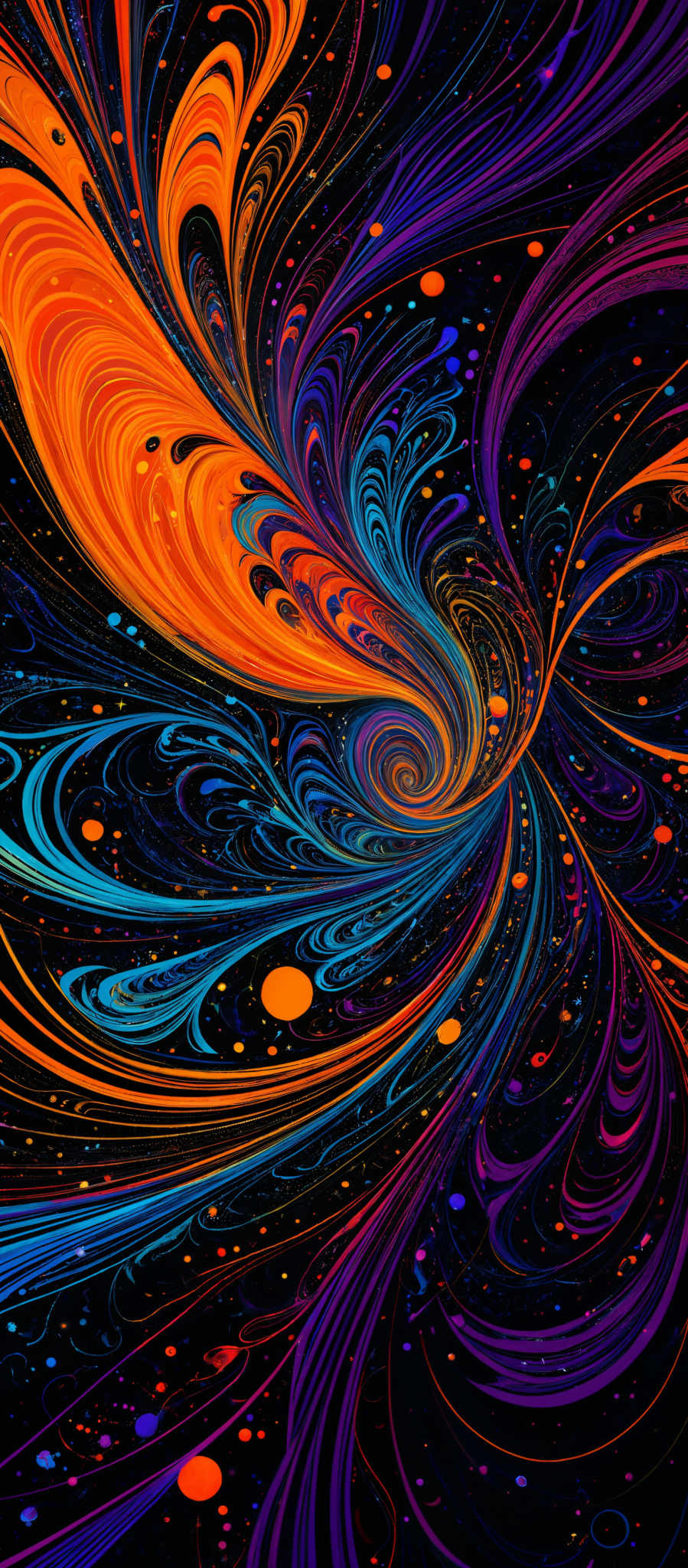 The image showcases a vibrant and intricate pattern of swirling lines and shapes. The dominant colors are shades of blue, orange, and purple, creating a mesmerizing contrast against a dark background. The swirls are reminiscent of fluid dynamics, with patterns that seem to flow and twist, creating an almost organic and dynamic feel. The overall composition gives an impression of a cosmic or abstract representation, possibly representing energy, movement, or the interplay of different elements.