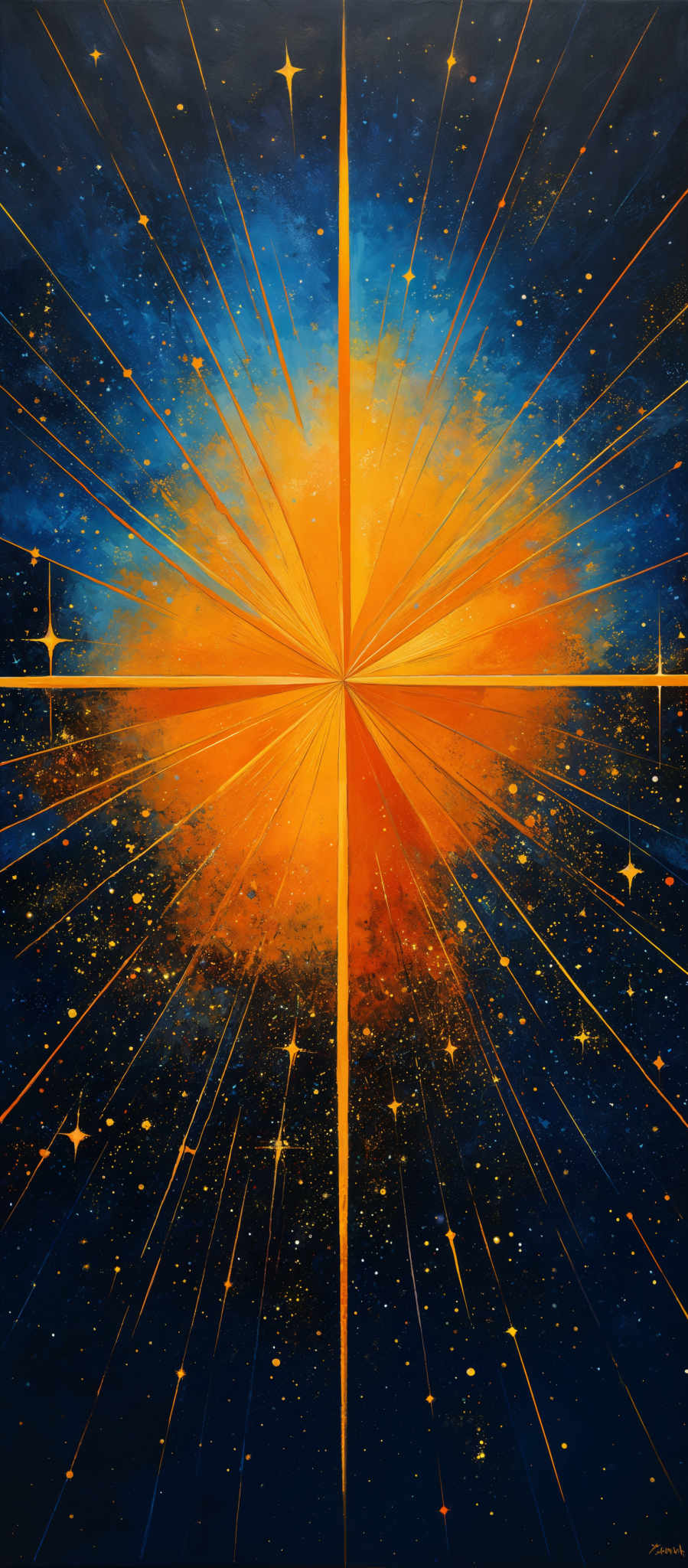 The image showcases a radiant burst of colors, predominantly featuring shades of blue, orange, and gold. The central focus is a bright, golden starburst emanating from a central point, radiating outwards in symmetrical beams. This starburST is set against a deep blue background, which gradually transitions to a lighter hue towards the edges. Scattered throughout the image are numerous small, shining stars, adding to the celestial ambiance. The overall composition gives an impression of a cosmic event or a radiative explosion.