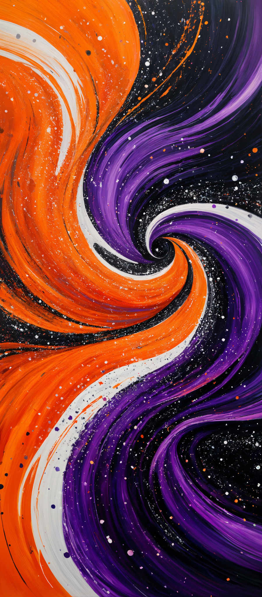 The image showcases a vibrant and dynamic artwork with swirling patterns of colors. The dominant colors are shades of orange, purple, and black. The orange and purple swirls seem to be intertwined, creating a mesmerizing effect. The black background provides a stark contrast to the vibrantly colored swirls, making them pop. There are also speckles of white and other colors scattered throughout, adding depth and texture to the artwork.