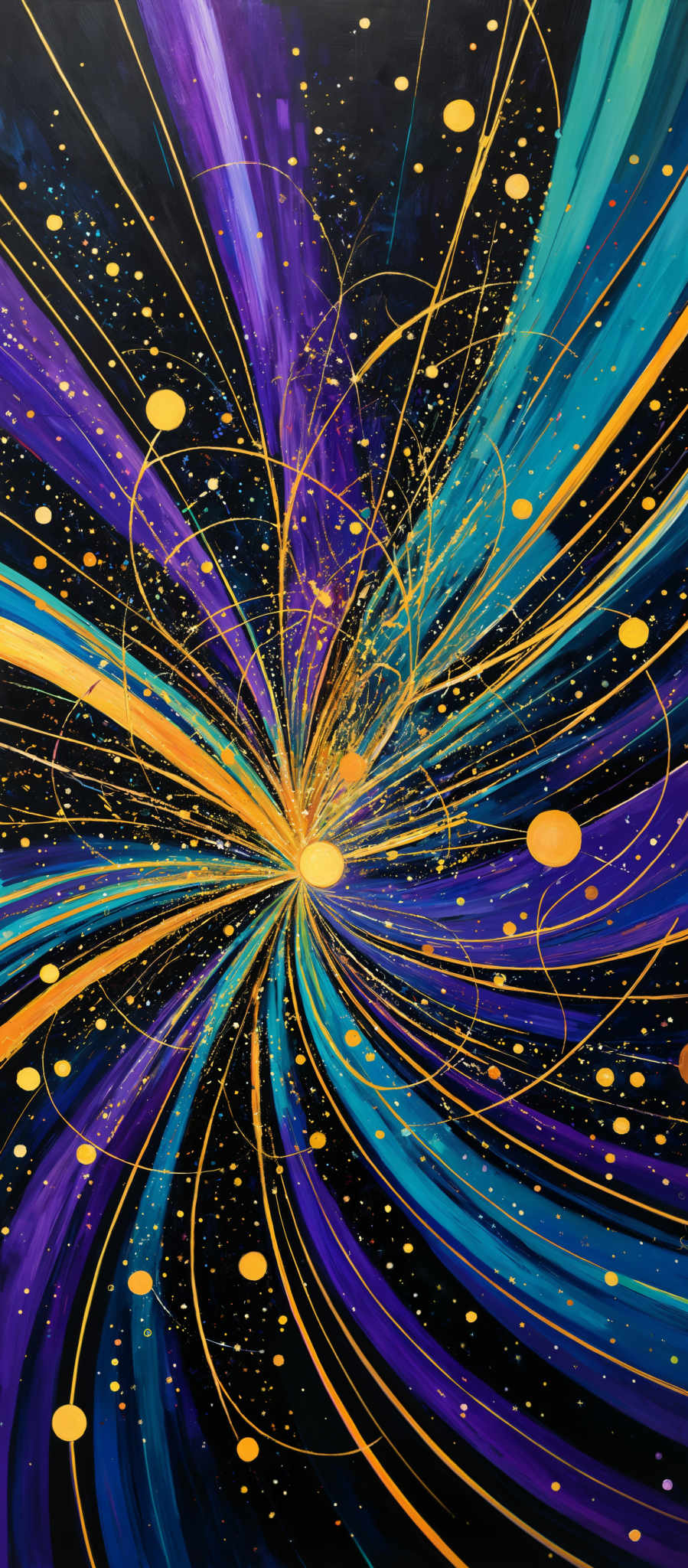 The image showcases a vibrant and dynamic abstract artwork. It predominantly features swirling lines and patterns in a spectrum of colors including deep blues, bright purples, and golden yellows. The central part of the image emits a radiant golden light, surrounded by a burst of smaller golden circles, possibly representing stars or fireflies. The overall composition gives a sense of motion and energy, reminiscent of a cosmic explosion or a bursting star.