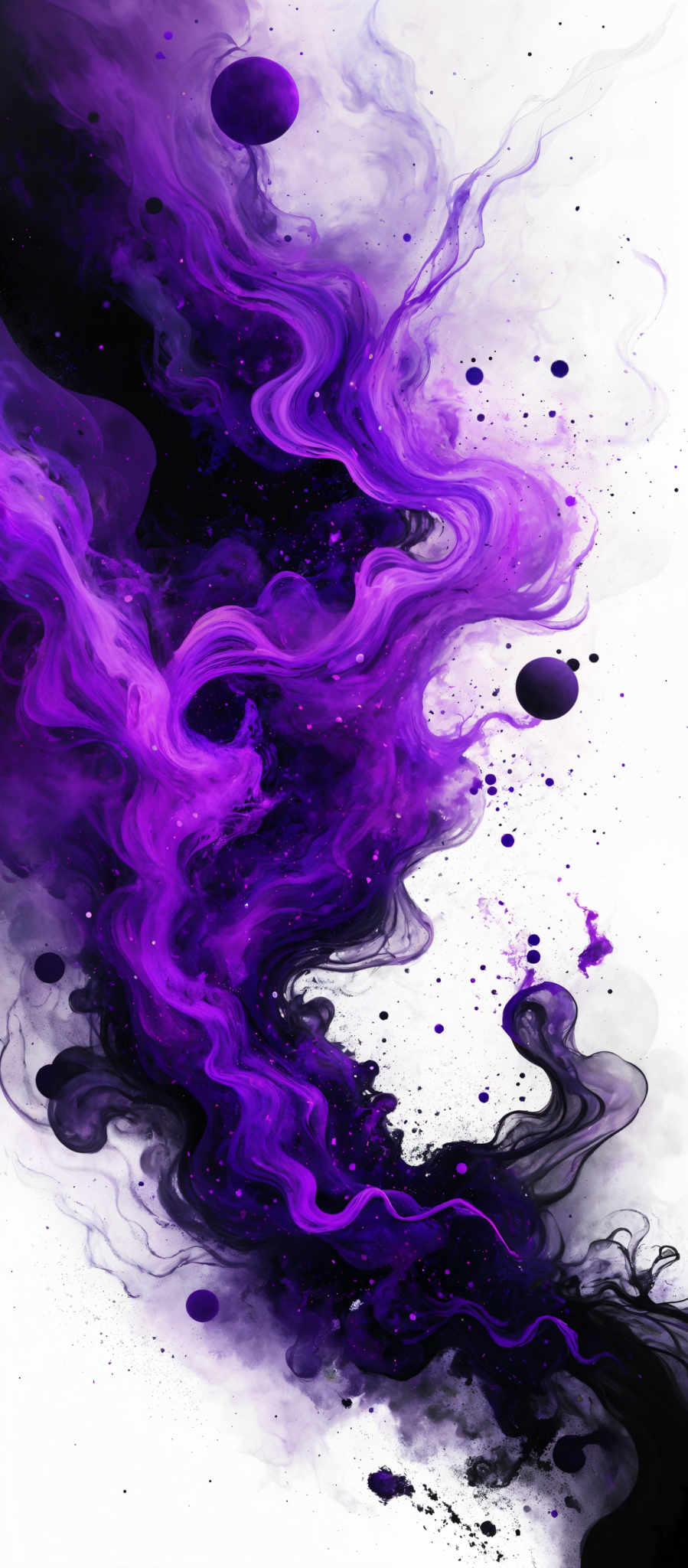 The image showcases a vibrant and dynamic mix of colors, predominantly shades of purple, black, and white. The swirling patterns resemble fluid ink or smoke, creating a mesmerizing effect. There are also circular and wavy shapes interspersed throughout, giving the impression of celestial bodies or abstract representations of movement.