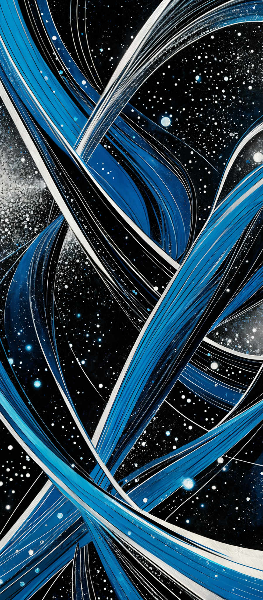 The image showcases a vibrant and dynamic interplay of colors and shapes. Dominantly, there are swirling patterns of blue and white intertwined, creating a sense of motion and fluidity. These patterns are set against a dark background, possibly representing space, with specks of light that could be interpreted as distant stars or galaxies. The overall composition gives a feeling of depth and movement, as if the viewer is looking into a vast cosmic expanse.