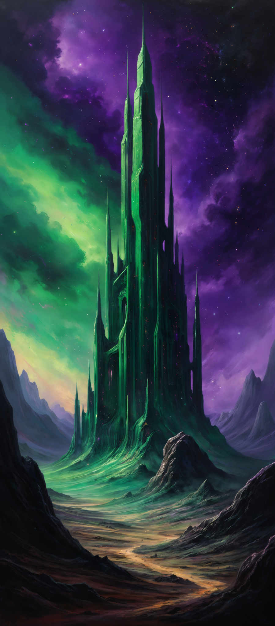 The image showcases a majestic, towering castle or citadel set against a breathtaking backdrop of a vibrant, multi-colored sky. The sky is awash with hues of purple, green, and a hint of blue, with swirling clouds and a sprinkling of stars. The castle itself is a green, gothic structure with multiple spires and intricate designs. It stands tall and imposing, dominating the landscape. In the foreground, there are rugged terrains with jagged mountains and a winding path leading to the castle. The entire scene exudes a sense of fantasy and wonder.