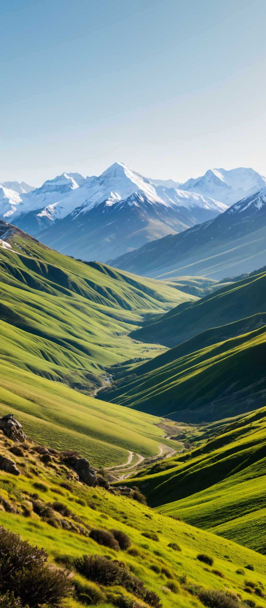 A beautiful mountain range with a valley in the middle. The mountains are covered in snow and the valley is lush and green. The sky is clear and blue.