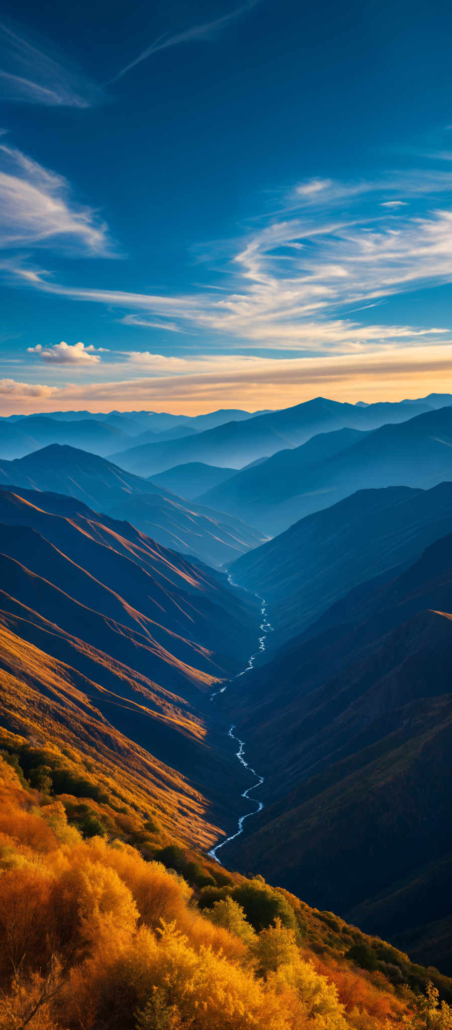 A breathtaking view of a mountain range with a river flowing through the center. The mountains are covered in lush green vegetation and the sky is a clear blue with a few clouds scattered across it. The sun is setting casting a warm golden glow over the entire scene. The river which is the main focus of the photo is surrounded by the mountains and appears to be flowing smoothly. The photo is taken from a high vantage point providing a panoramic view of the landscape. The colors in the photo are vibrant and the lighting is excellent highlighting the natural beauty of the scene.