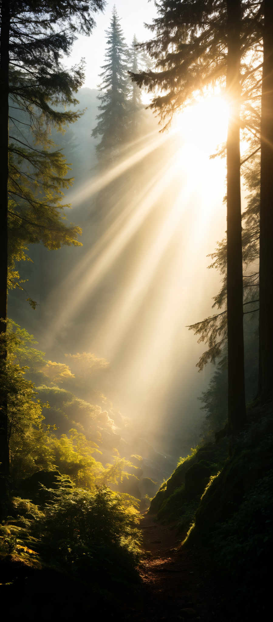 A forest scene with a bright sun shining through the trees.