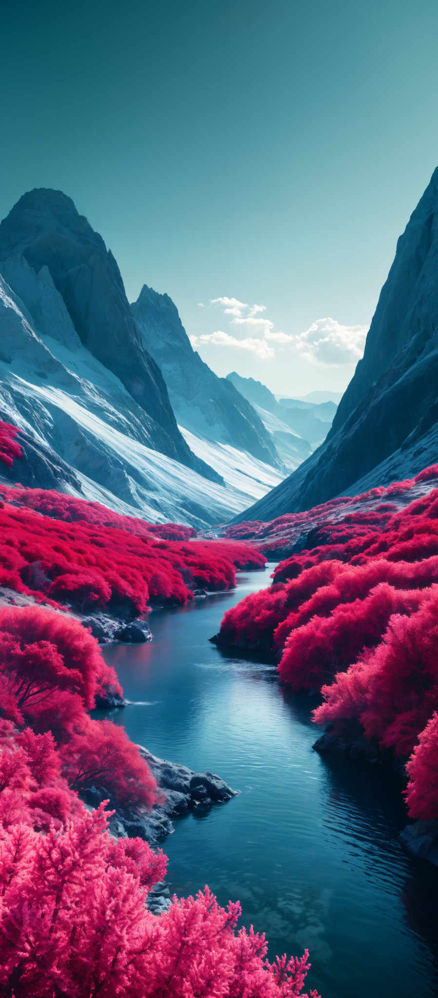 A serene landscape with a river flowing through it surrounded by mountains and trees with red leaves.