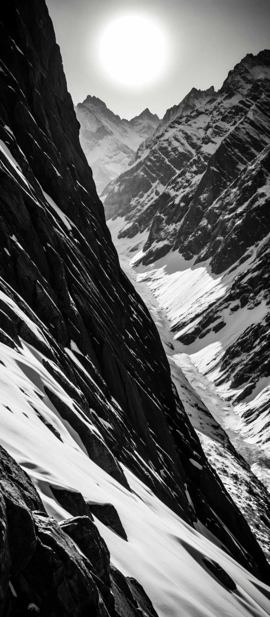 A black and white image of a mountainous landscape with snow on the rocks.