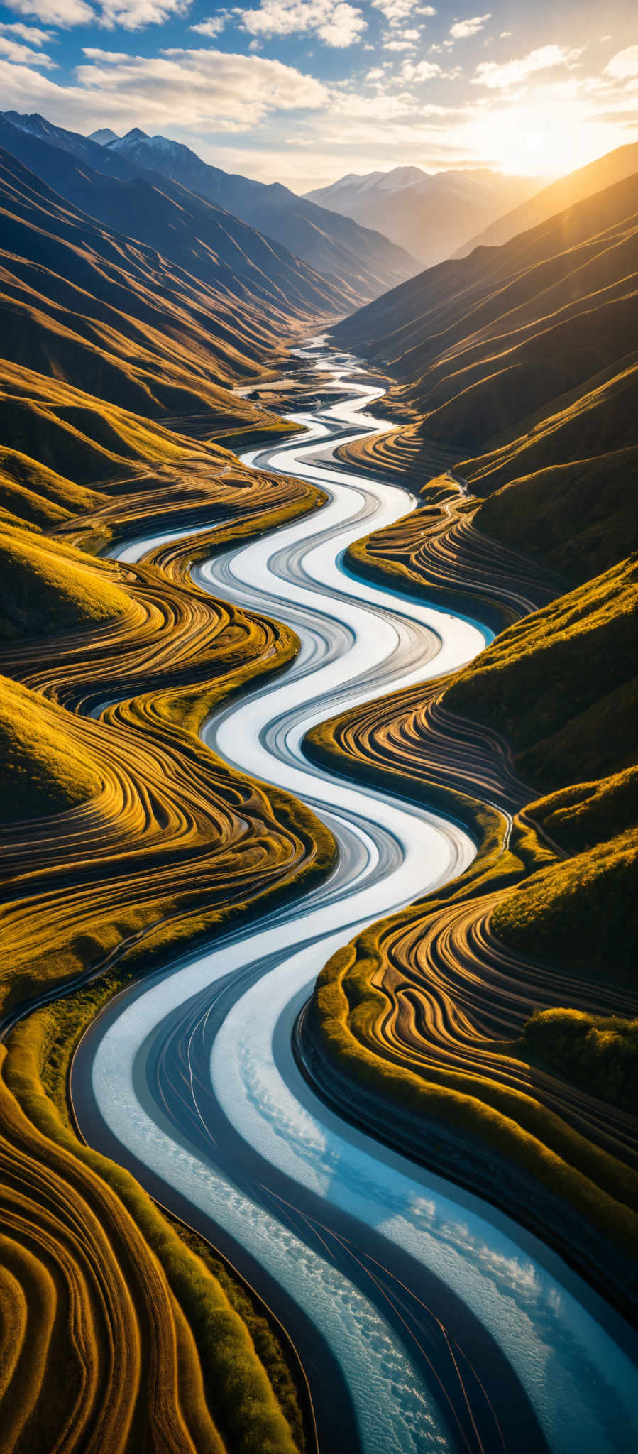 A winding river cuts through a mountainous landscape its waters reflecting the sunlight. The river a bright blue is composed of multiple white and blue waves creating a sense of motion. The mountains a mix of green and brown rise steeply on either side of the river their peaks reaching towards the sky. The sun shines brightly casting a warm glow on the scene. The image captures the beauty and majesty of nature with the river and mountains standing as symbols of the natural world.