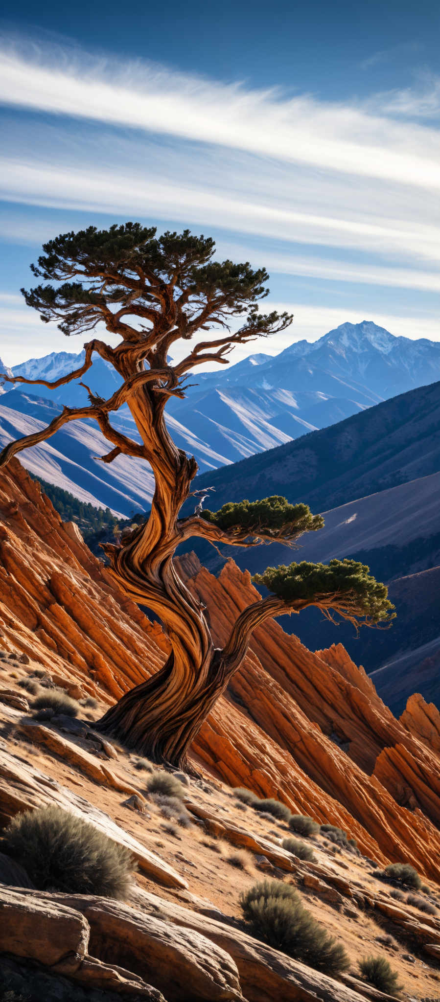 A twisted tree with a gnarled trunk stands in front of a mountain range. The tree with its many branches is the main focus of the photo. The mountains in the background are covered in snow adding a sense of coldness to the scene. The sky above is clear and blue providing a beautiful contrast to the earthy tones of the tree and mountains. The photo is taken from a high angle giving a bird's eye view of the landscape. The image captures the beauty and majesty of nature with the tree standing as a testament to the resilience of life in harsh conditions.