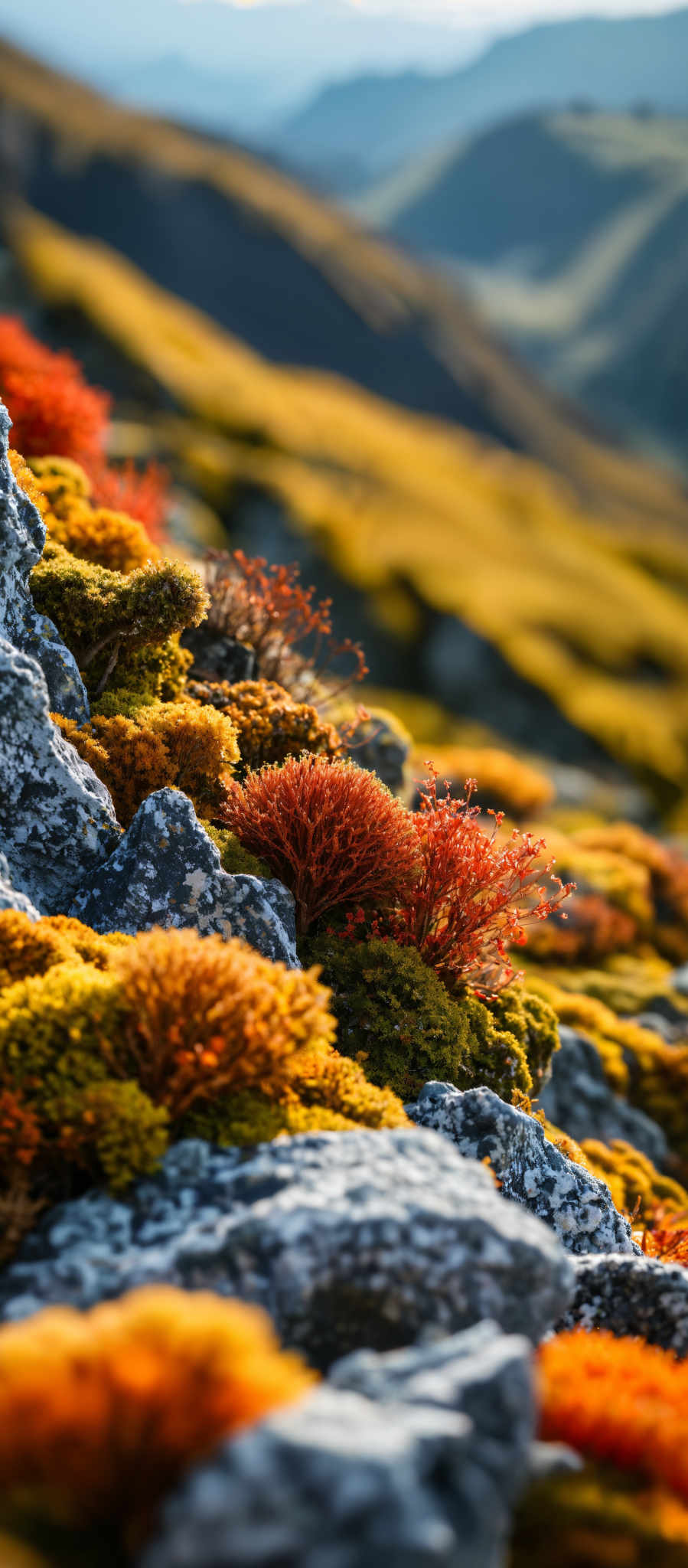 A close up of a rocky cliffside covered in a variety of plants. The plants are a mix of yellow and red with some displaying a mix. The rocks are gray and jagged providing a stark contrast to the vibrant colors of the plants. Some of the rocks are covered in moss adding a touch of green to the otherwise monochrome rocks. The image is taken from a low angle giving the viewer a sense of looking up at the cliffside. The background is blurred drawing the viewer's attention to the plants and rocks in the foreground. The overall scene is a beautiful representation of nature's resilience and beauty.