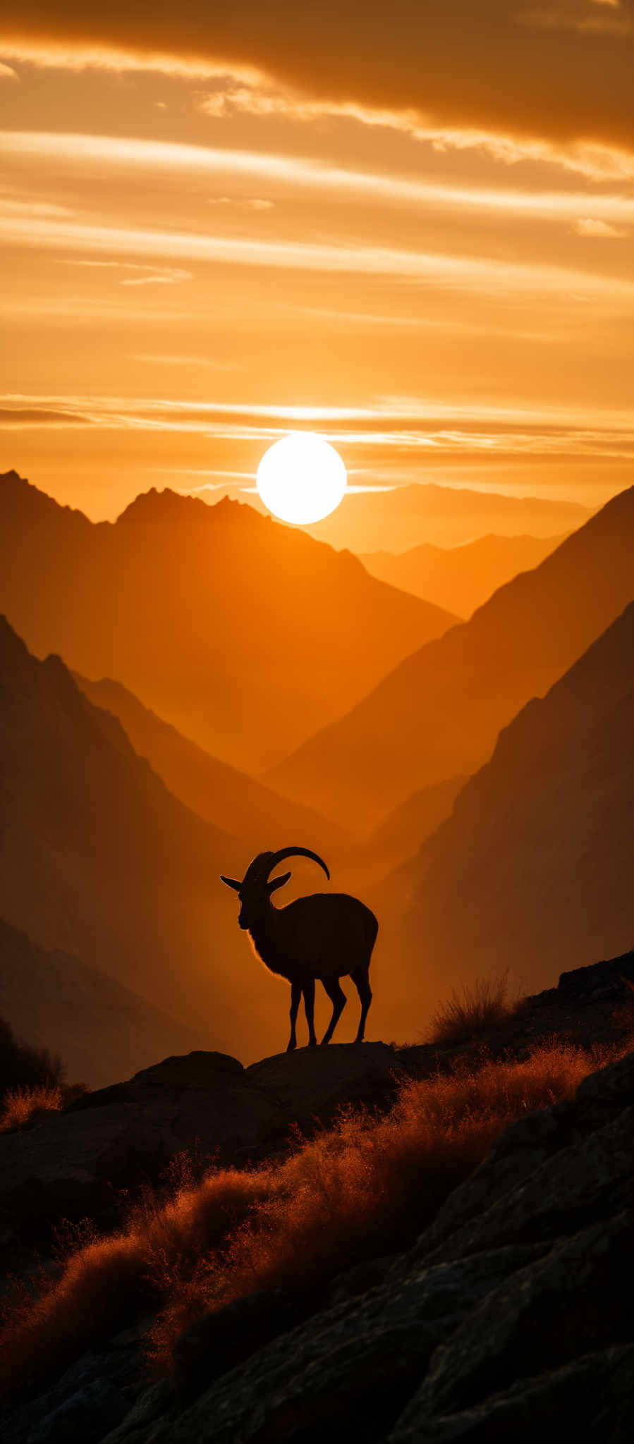 A goat stands on a mountain top with a sunset in the background.