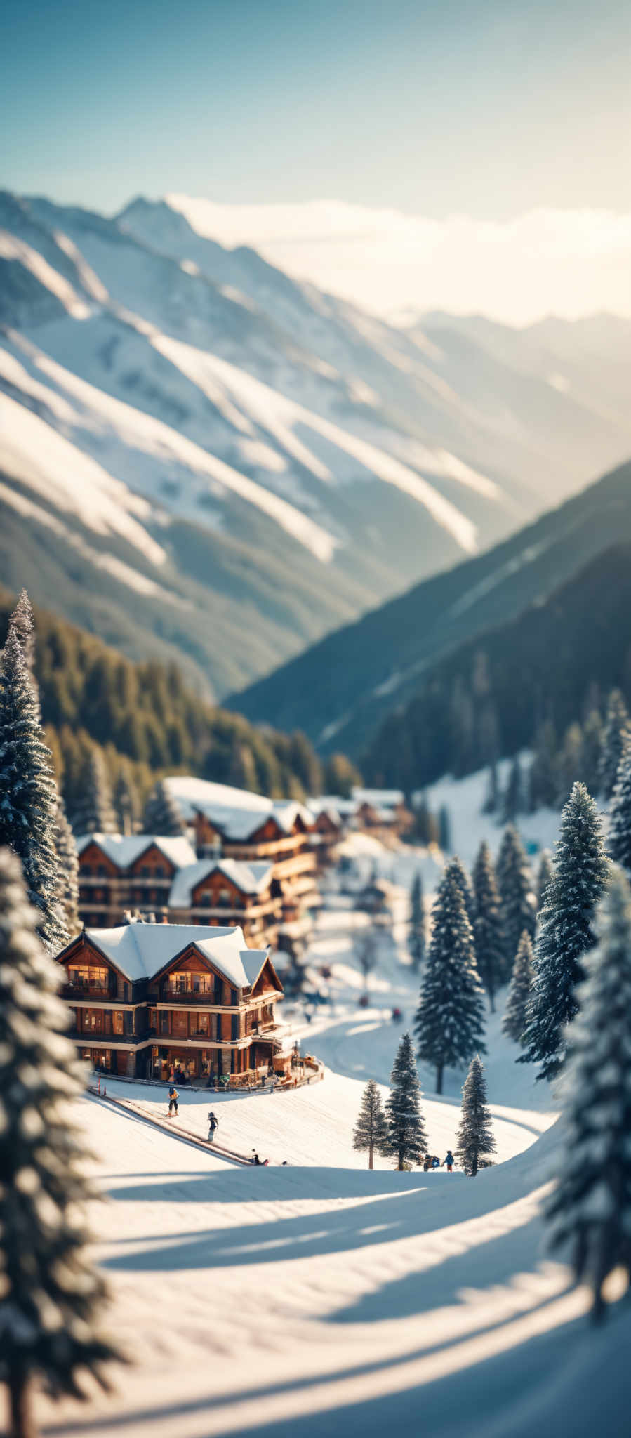 A picturesque scene of a mountainous landscape with a ski resort nestled in the valley. The resort is composed of several wooden chalets each adorned with snow on their roofs adding a touch of winter charm to the scene. The chalets are surrounded by a dense forest of snow-covered trees creating a serene and tranquil atmosphere. The mountain in the background blanketed in snow towers over the resort providing a stunning backdrop to the picturesque setting. The image captures the essence of a perfect winter getaway with its blend of natural beauty and cozy accommodations.