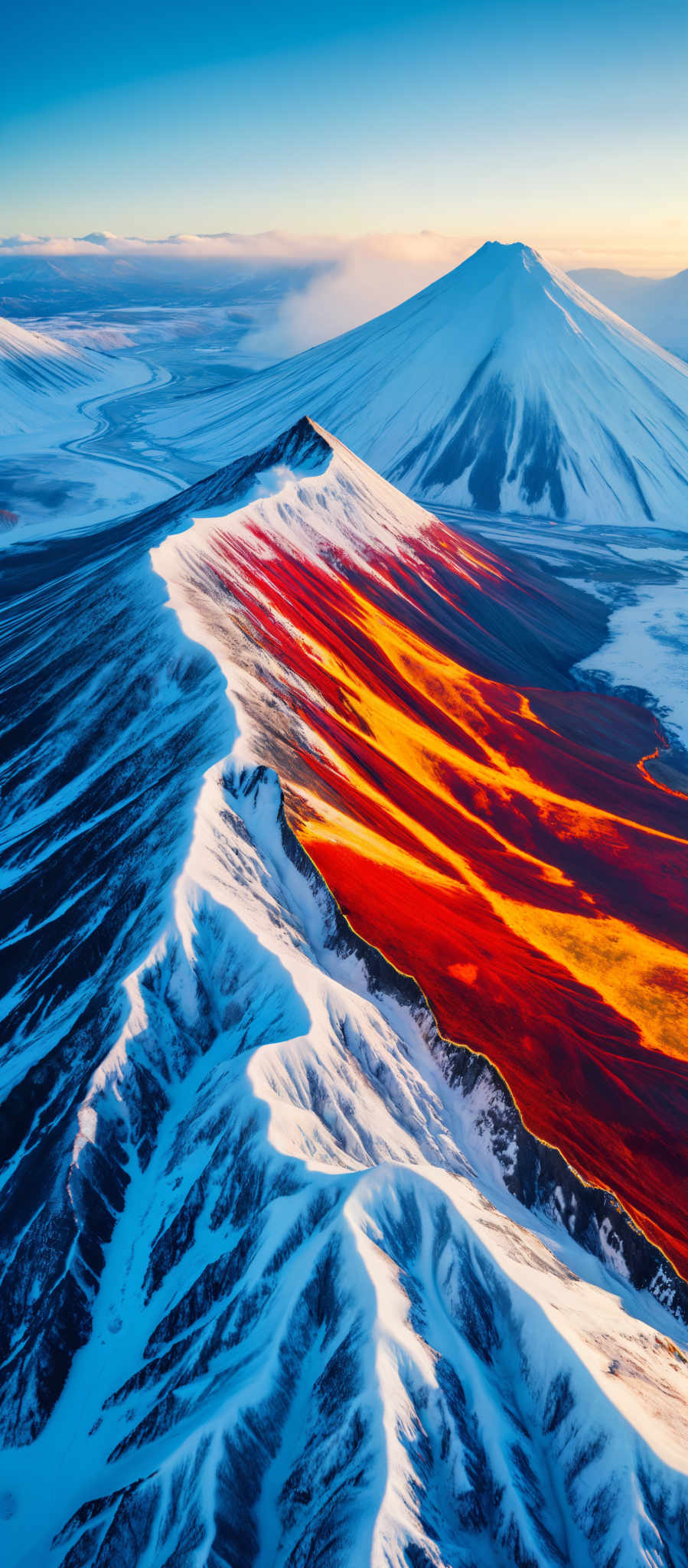 A mountain range with a red and orange sunset.