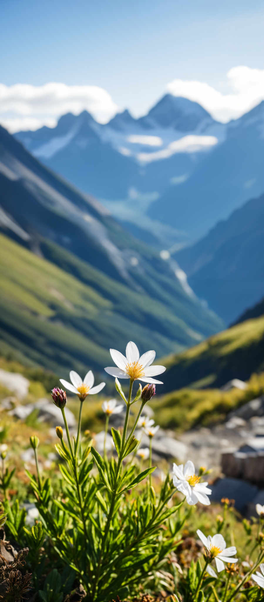 The image captures a serene mountain landscape. Dominating the foreground are three white flowers with yellow centers their delicate petals contrasting with the rugged terrain. The flowers are situated on the left side of the frame their vibrant colors standing out against the natural backdrop.

The background is a breathtaking view of a mountain range. The mountains a mix of green and brown hues stretch across the right side of image. Their peaks are shrouded in a light mist adding a sense of depth and mystery to the scene.

Above the sky is a clear blue its vast expanse unmarred by clouds. The image is taken from a high vantage point providing a panoramic view of the landscape. The composition of the photo with the flowers in the foreground and the mountains in the background creates a sense depth and perspective.

Overall the image is a beautiful representation of nature's tranquility and grandeur. The precise location of the objects and their relative positions contribute to the overall aesthetic of the photograph. The colors object types and their actions are all clearly depicted in the image making it a captivating visual experience.