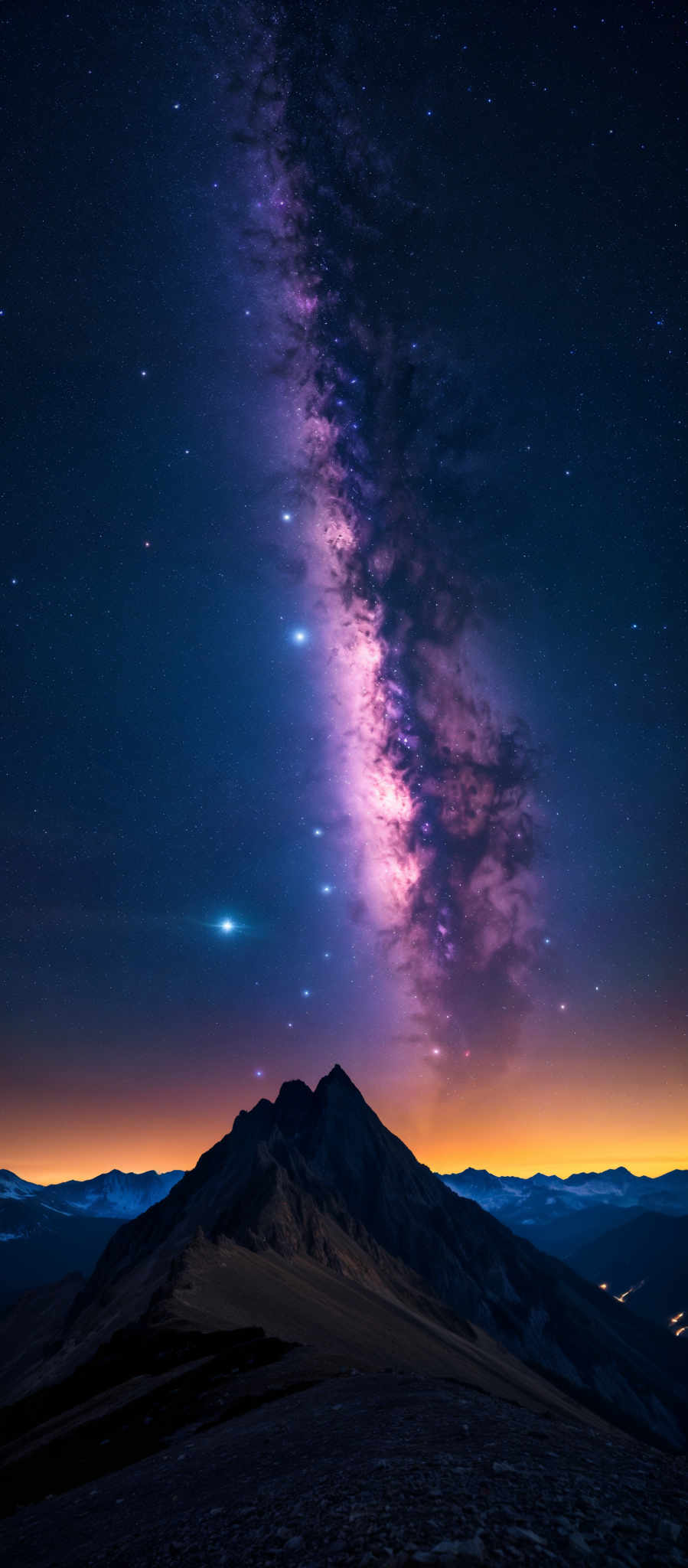 A beautiful view of a mountain range at night with a starry sky.